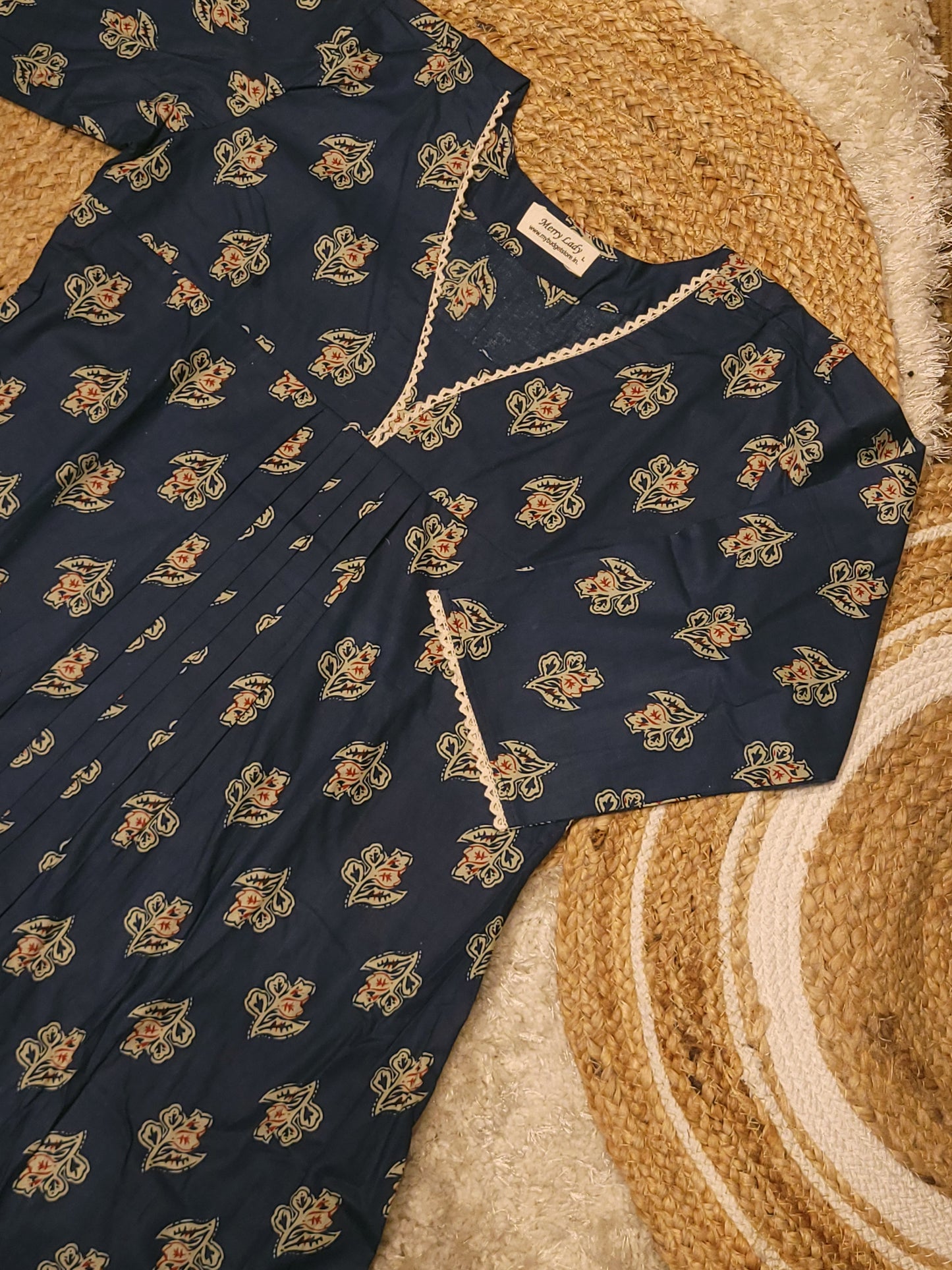 Floral printed cotton A-line kurti with lace detailed neck MBS-816 ** ready to dispatch**