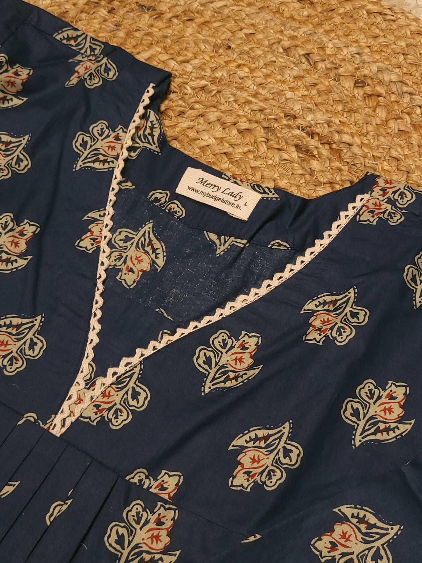 Floral printed cotton A-line kurti with lace detailed neck MBS-816 ** ready to dispatch**