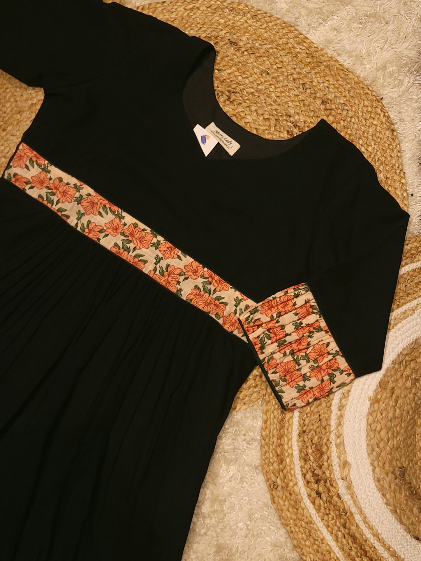 Black georgette A-line kurti detailed with floral printed cotton yoke and sleeve MBS-819 ** ready to dispatch**