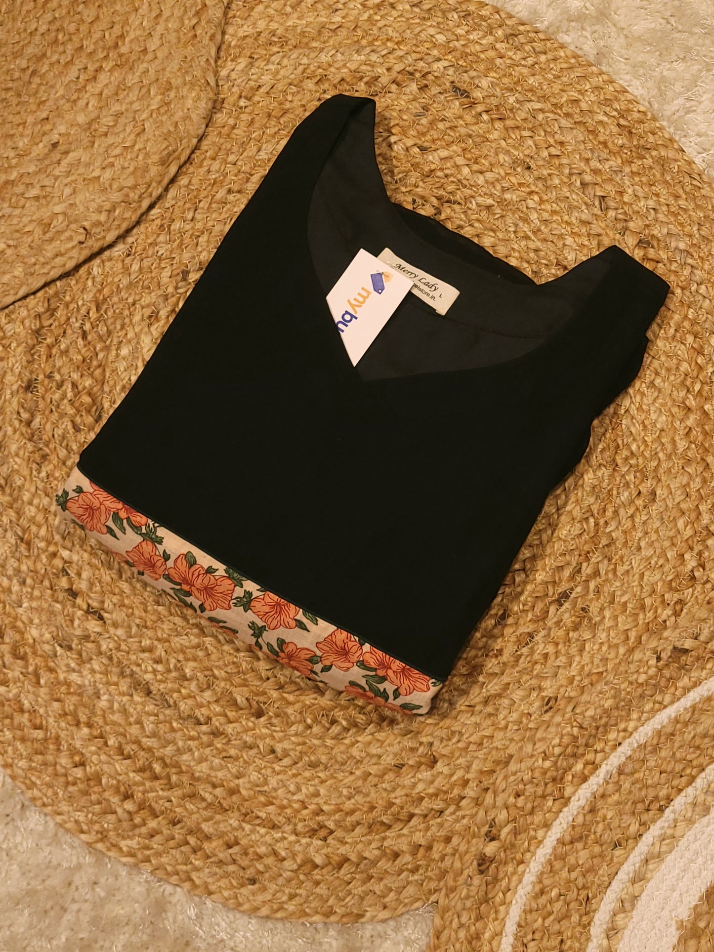 Black georgette A-line kurti detailed with floral printed cotton yoke and sleeve MBS-819 ** ready to dispatch**