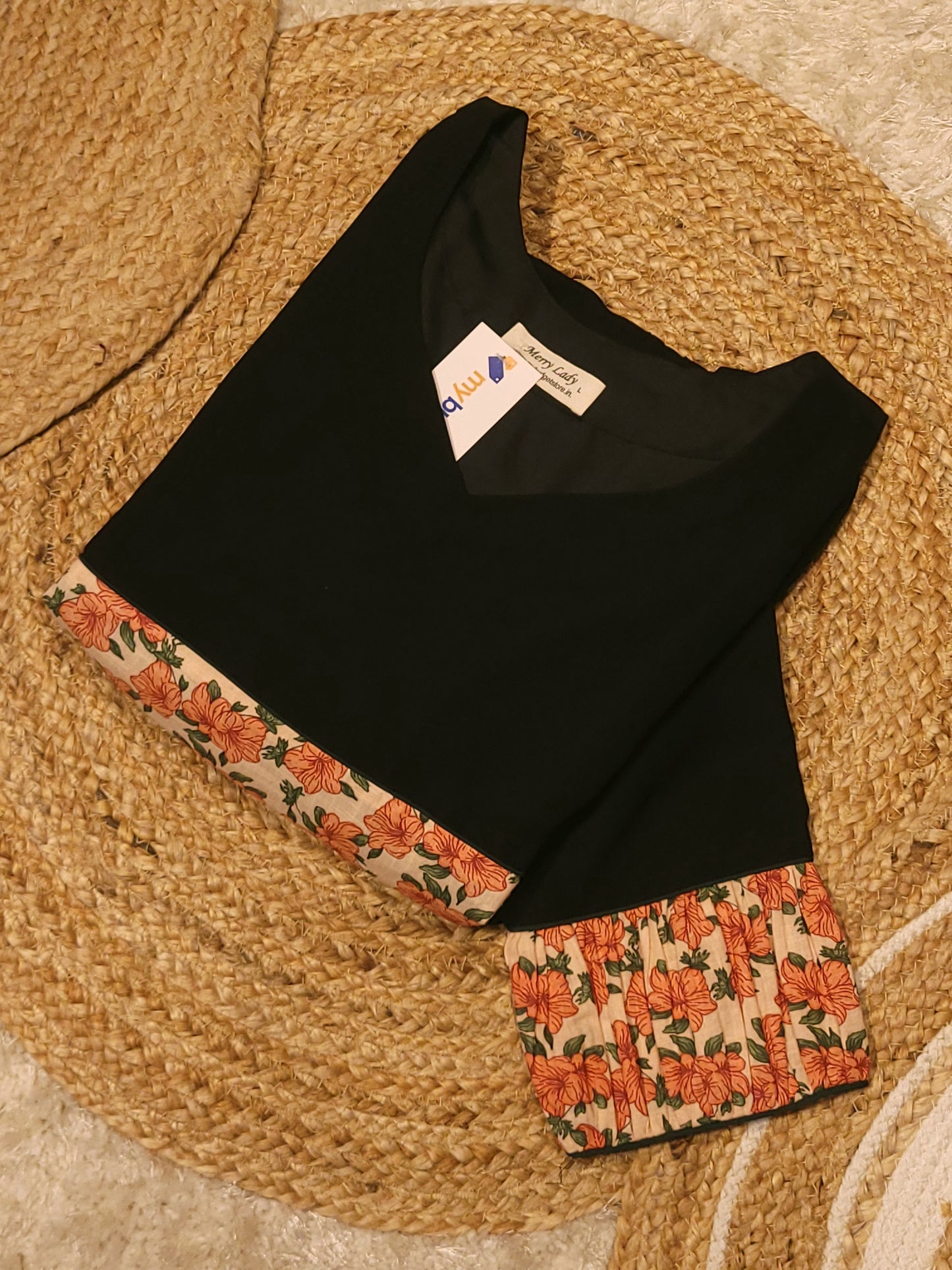 Black georgette A-line kurti detailed with floral printed cotton yoke and sleeve MBS-819 ** ready to dispatch**