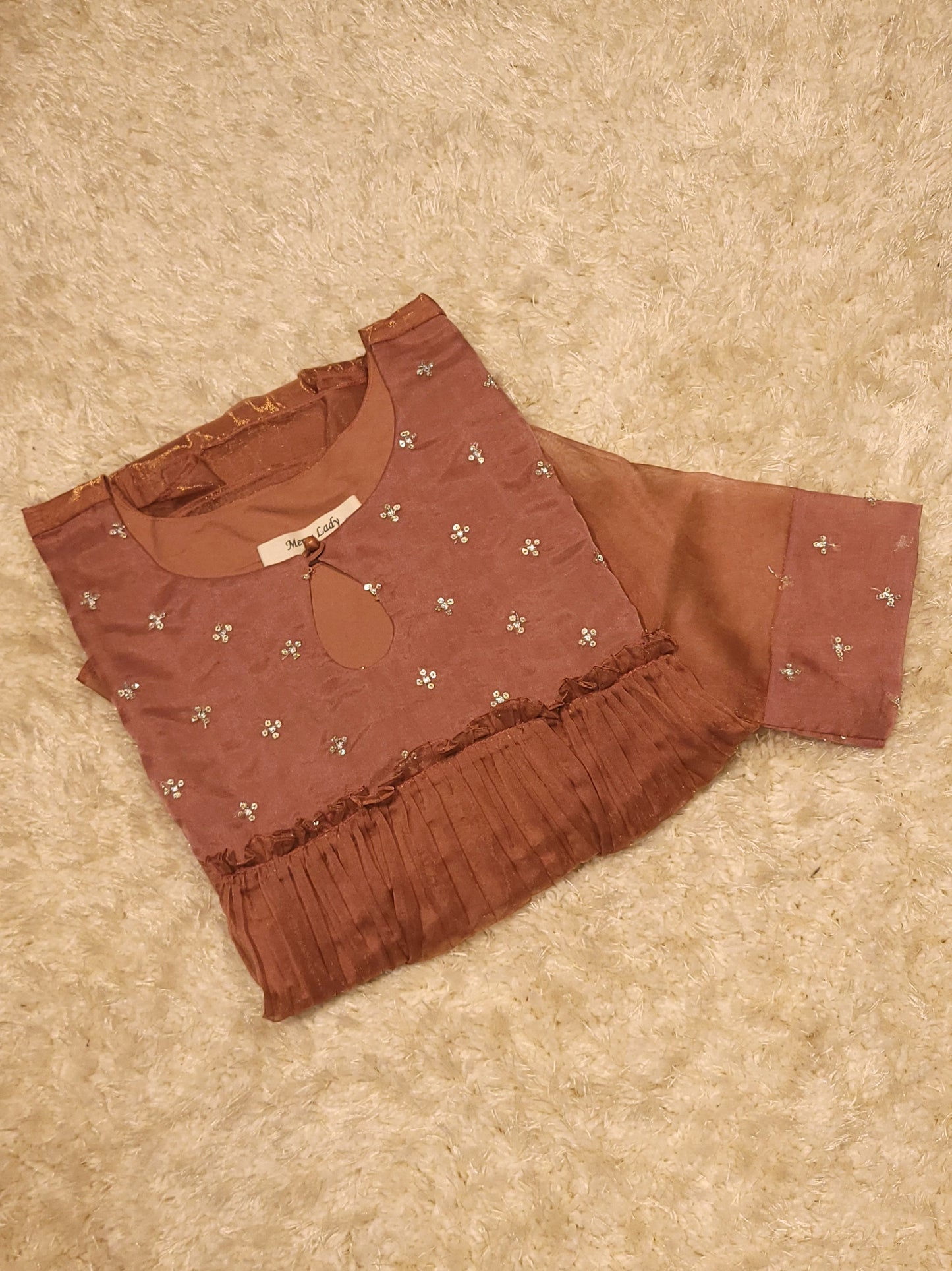 Golden shimmered organza A-line kurti with designer yoke in  peach shade MBS-821 ** ready to dispatch**