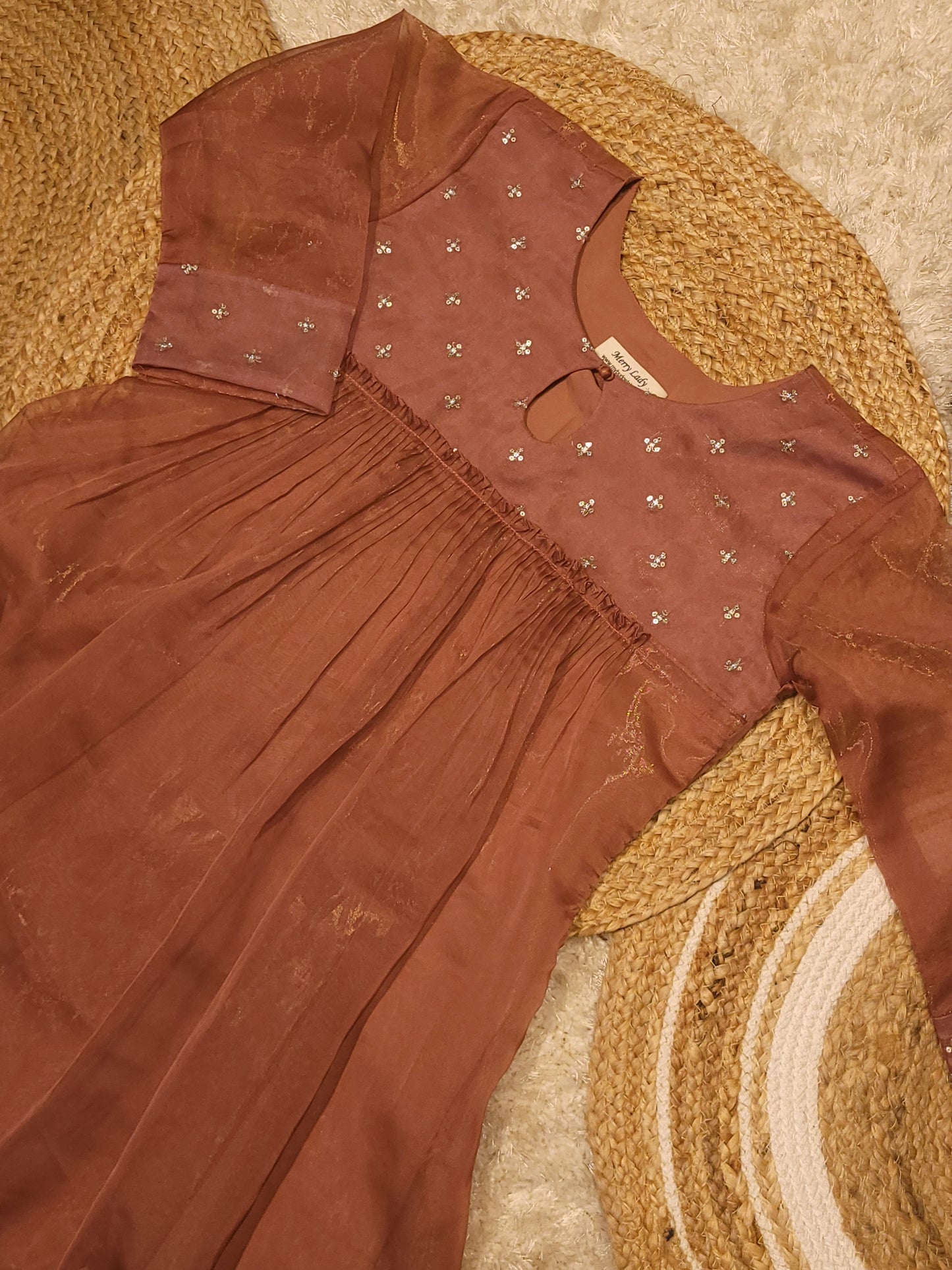 Golden shimmered organza A-line kurti with designer yoke in  peach shade MBS-821 ** ready to dispatch**