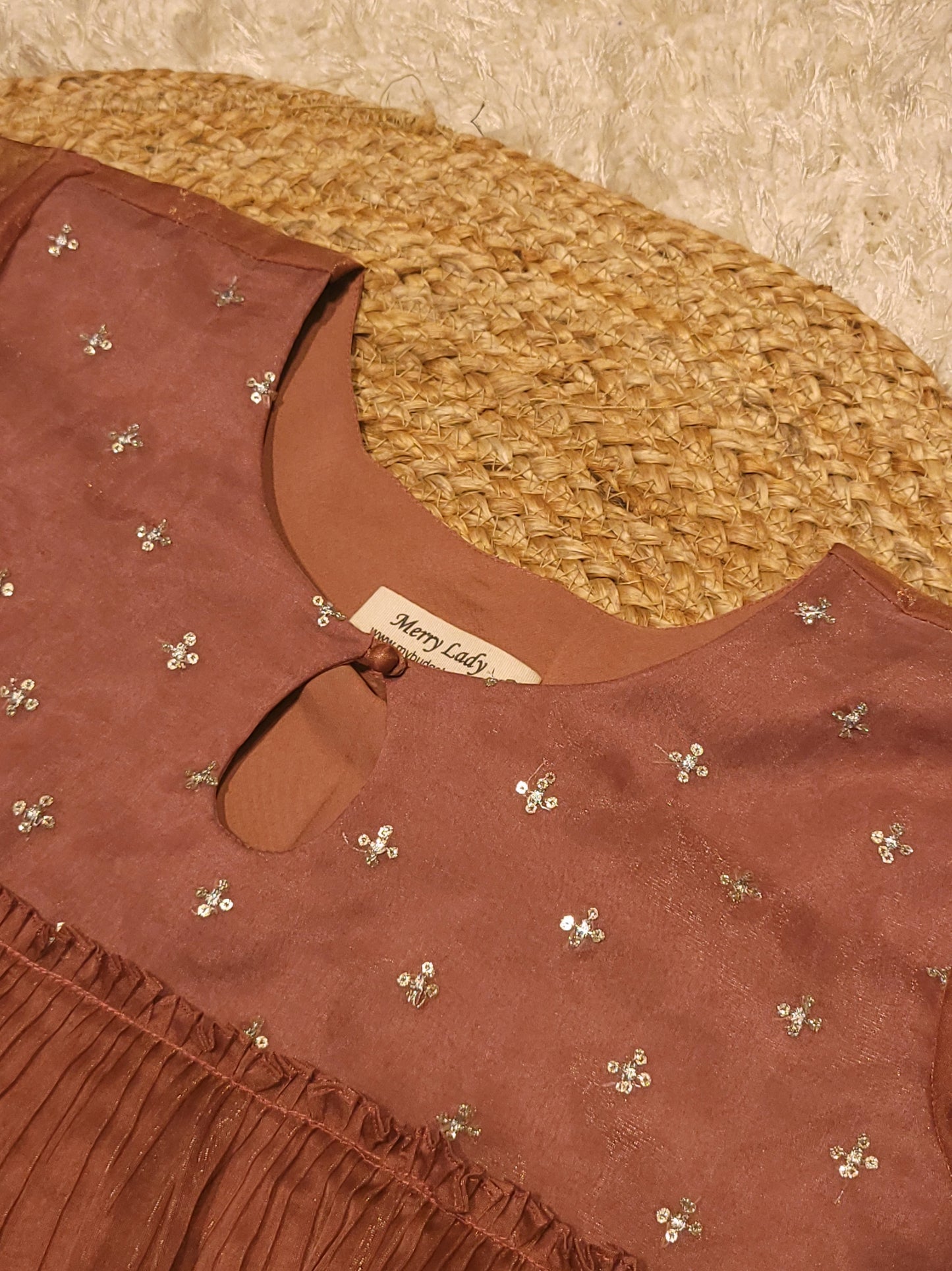 Golden shimmered organza A-line kurti with designer yoke in  peach shade MBS-821 ** ready to dispatch**