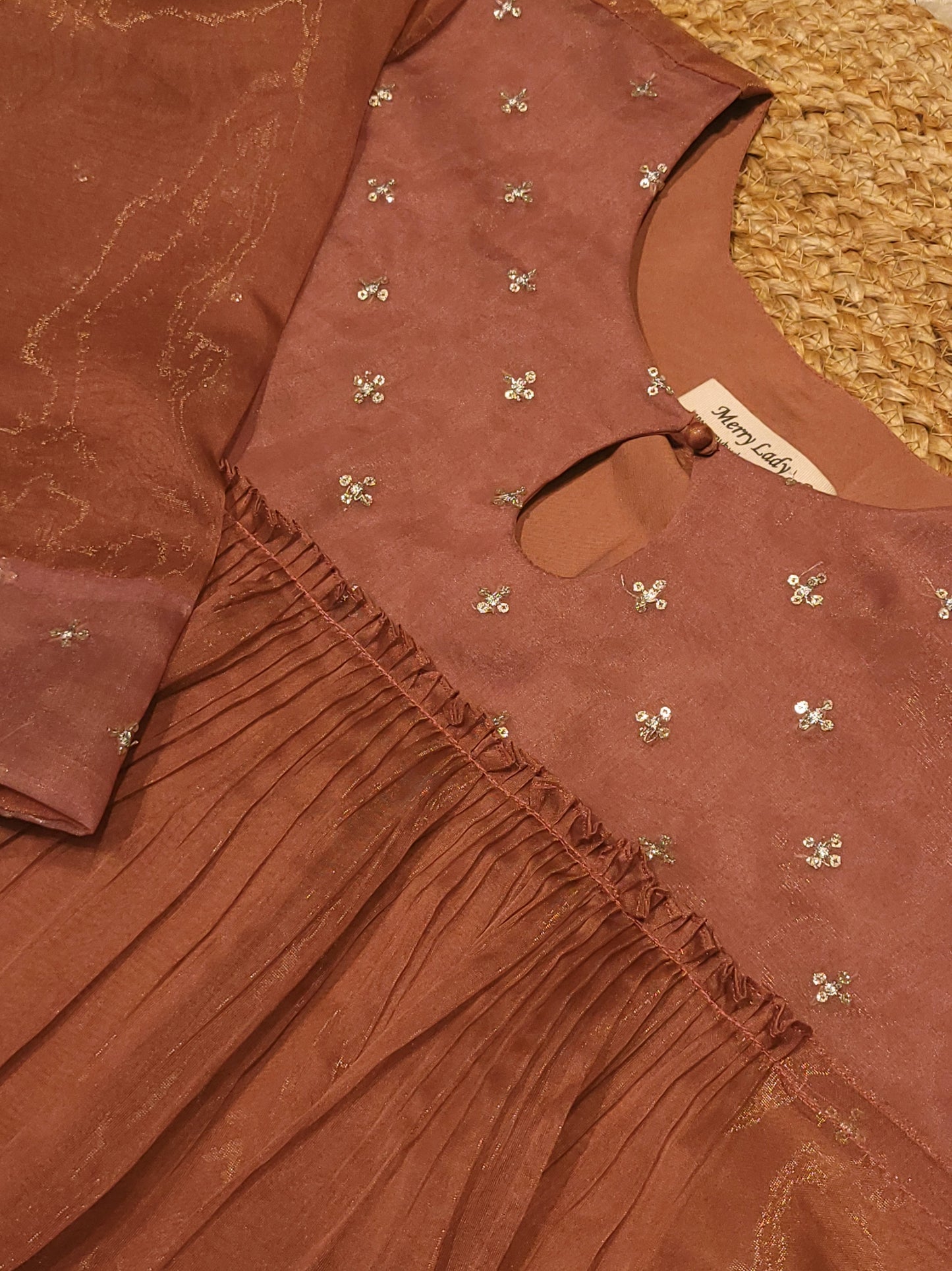 Golden shimmered organza A-line kurti with designer yoke in  peach shade MBS-821 ** ready to dispatch**