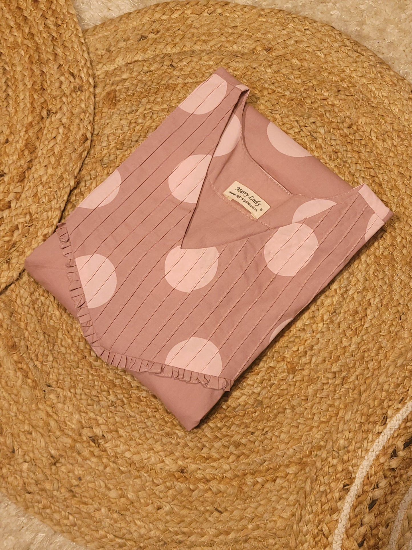 Polka doted cotton satin dress with pleats and frills MBS-828 ** ready to dispatch**