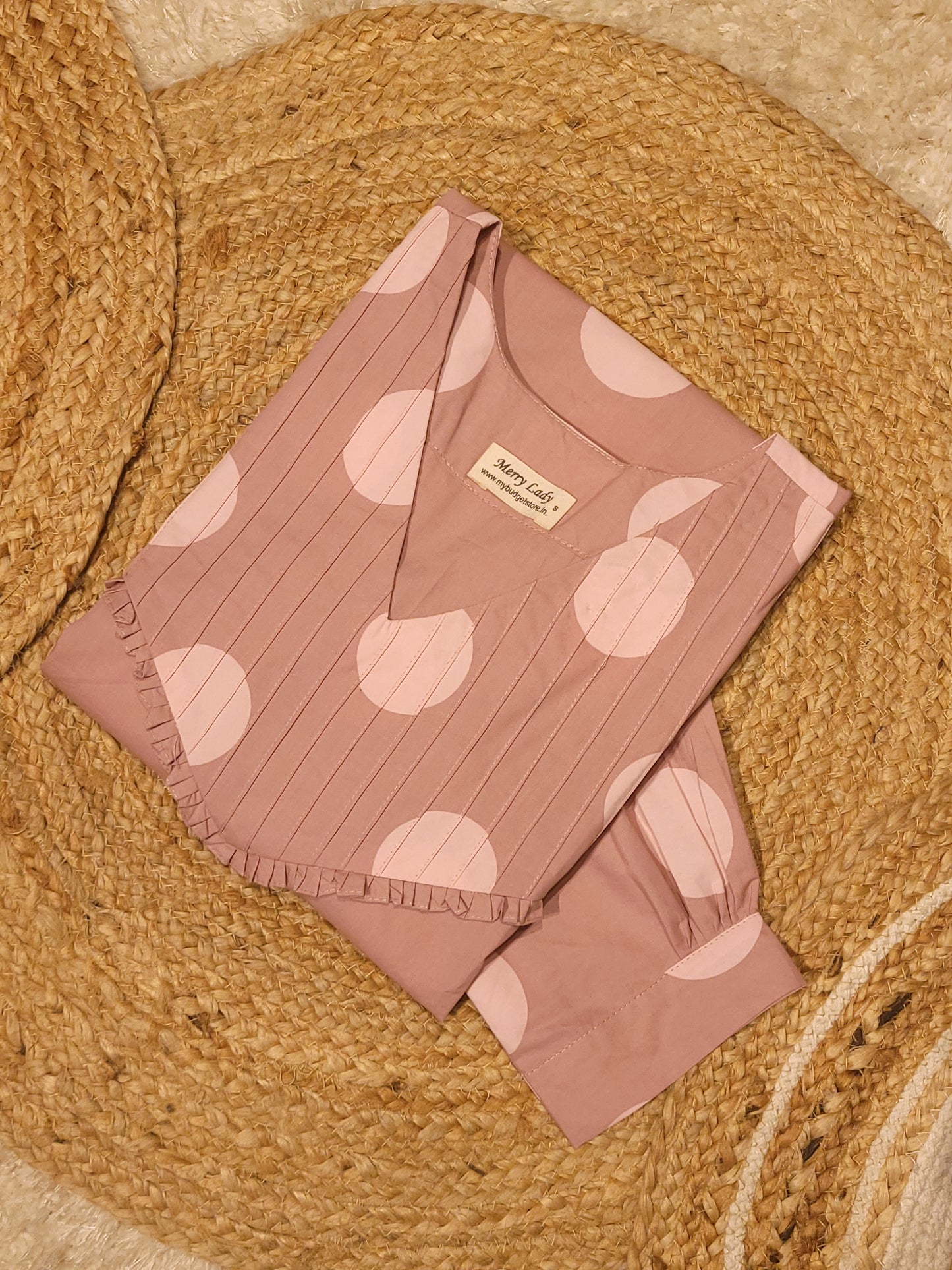 Polka doted cotton satin dress with pleats and frills MBS-828 ** ready to dispatch**