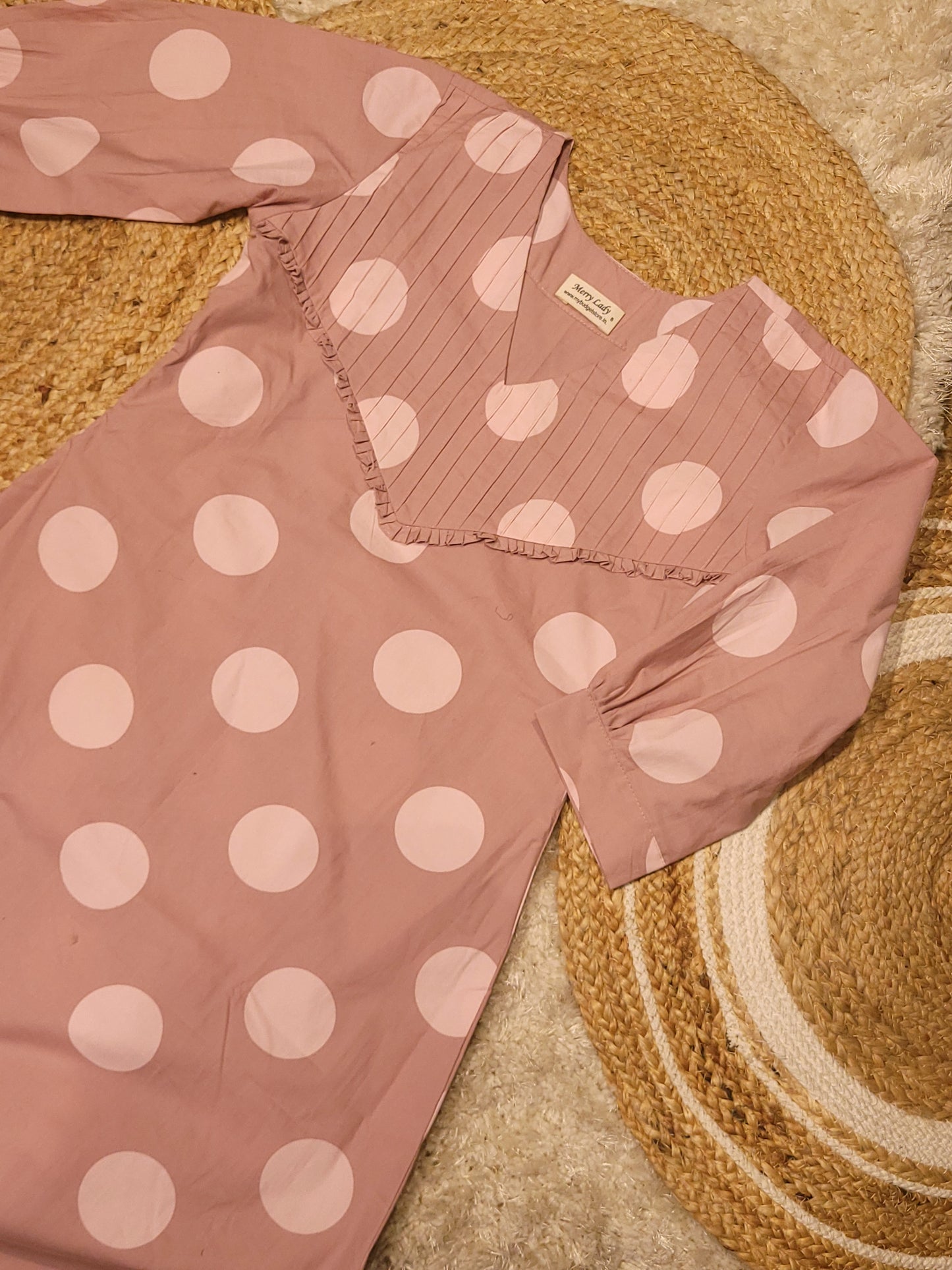 Polka doted cotton satin dress with pleats and frills MBS-828 ** ready to dispatch**