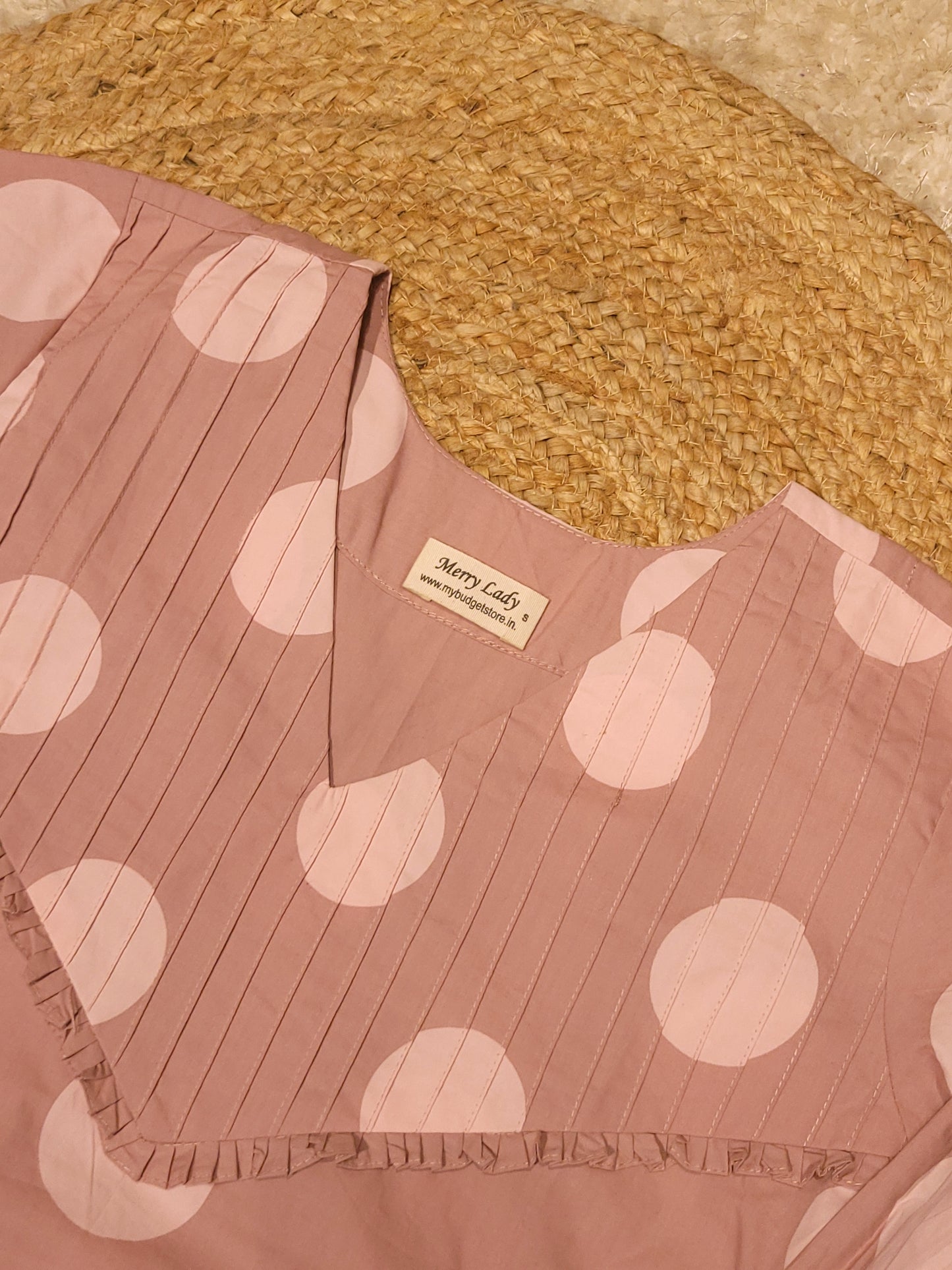 Polka doted cotton satin dress with pleats and frills MBS-828 ** ready to dispatch**