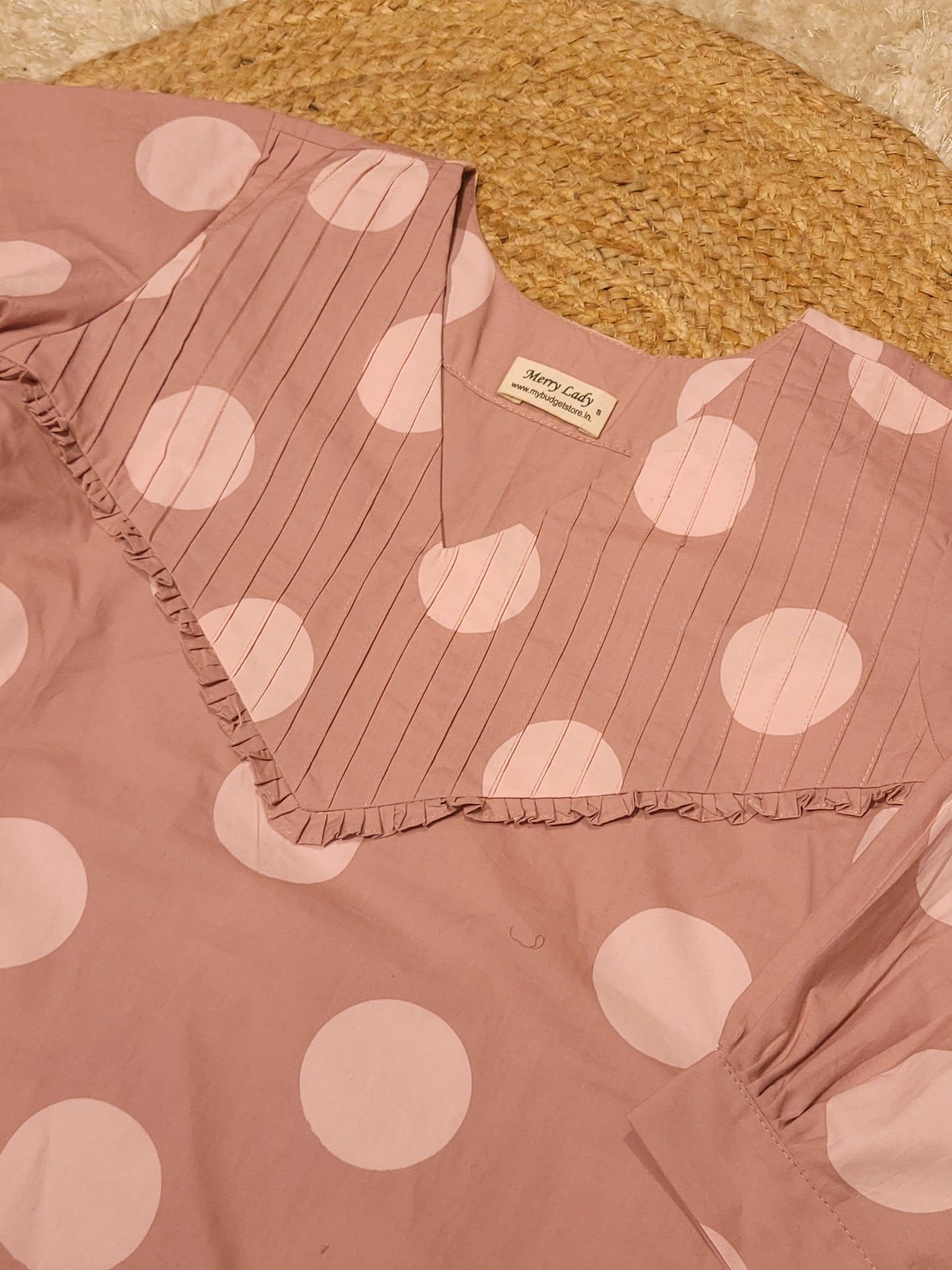 Polka doted cotton satin dress with pleats and frills MBS-828 ** ready to dispatch**