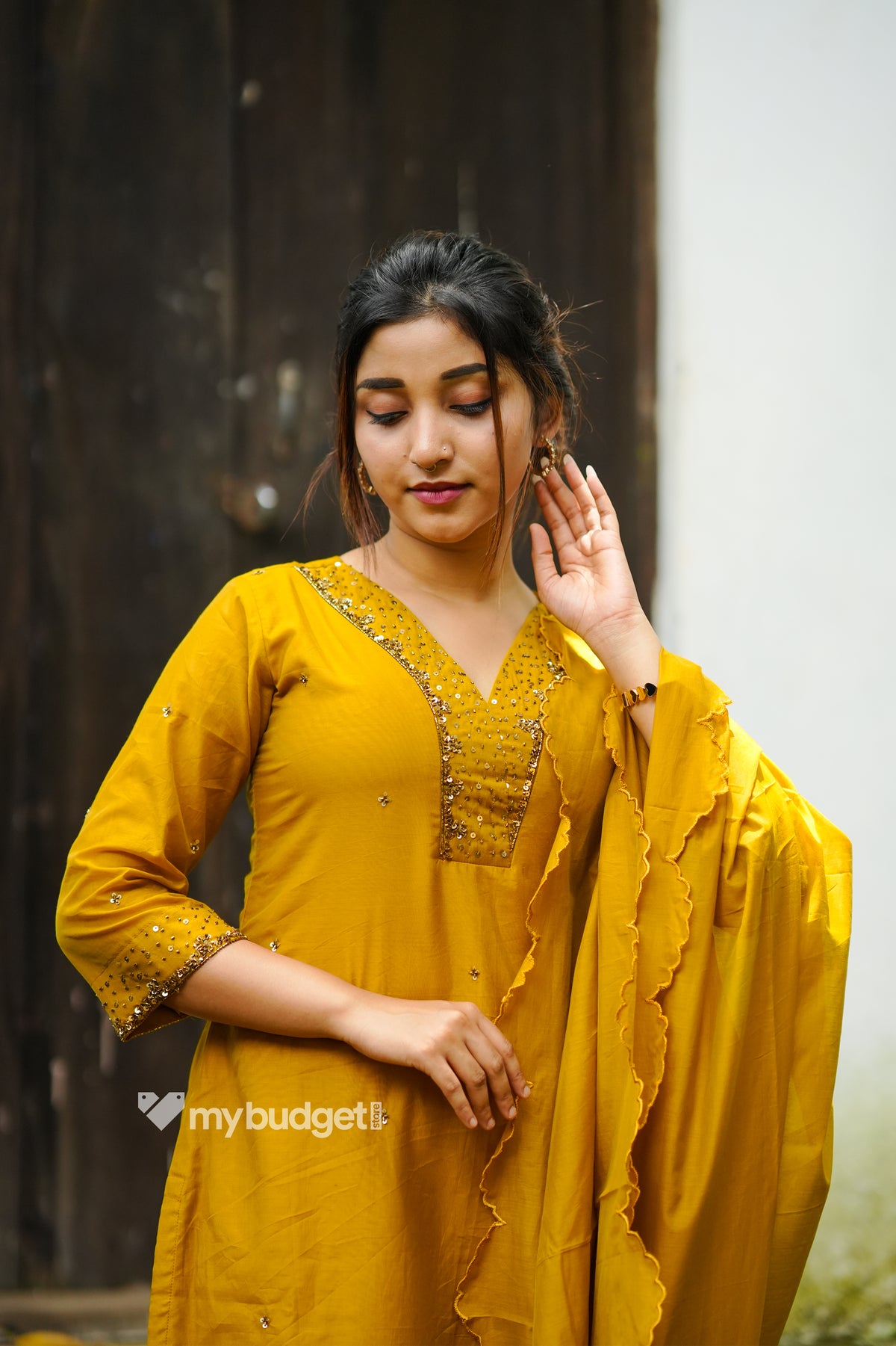 Mustard yellow shaded chanderi partywear Kurti with hand embroidery and heavy scalloped dupatta MBS-1316