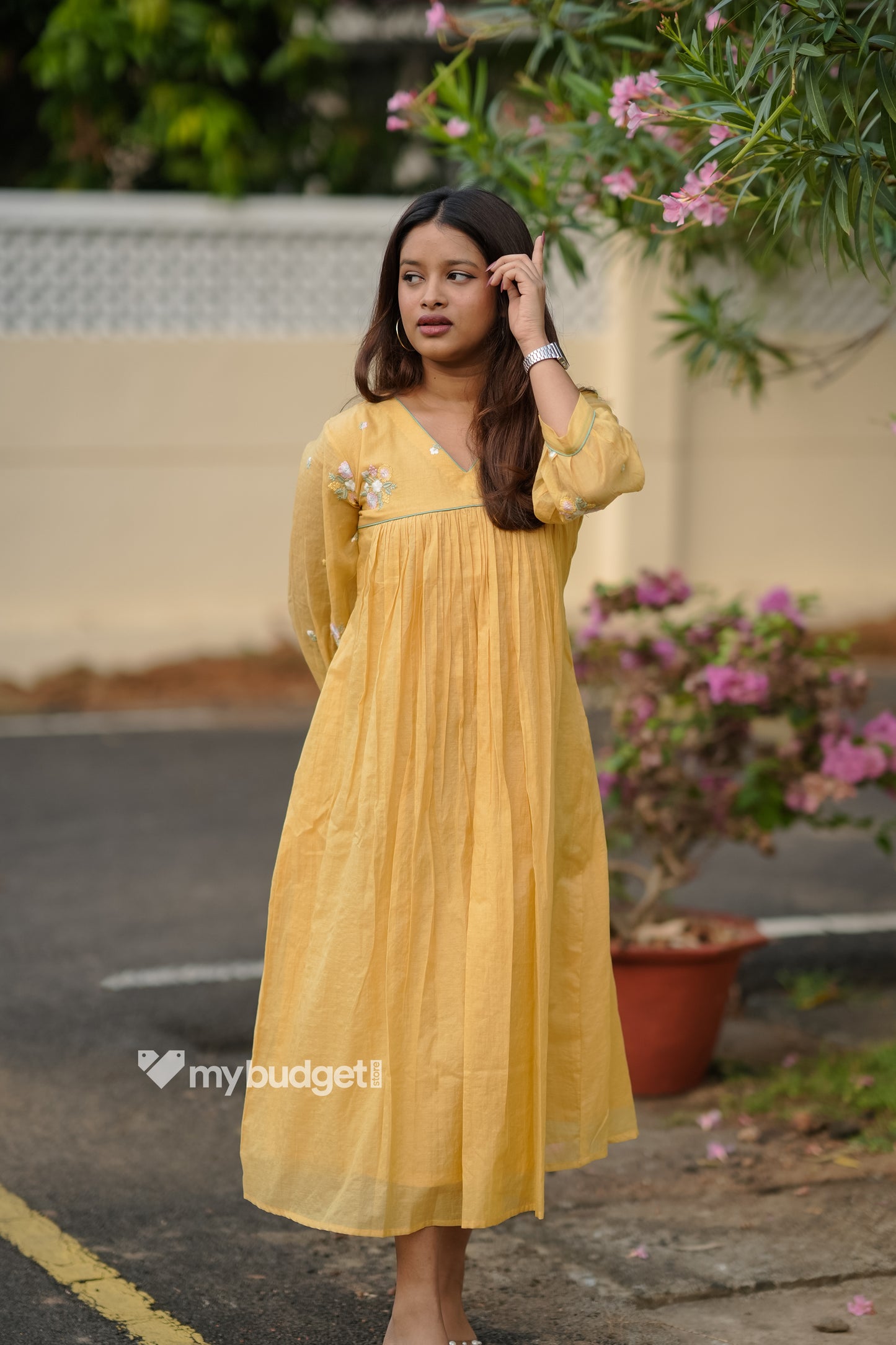 Yellow mul chanderi kurti/dress with floral thread worked yoke and sleeves MBS-838 ***Ready to dispatch***