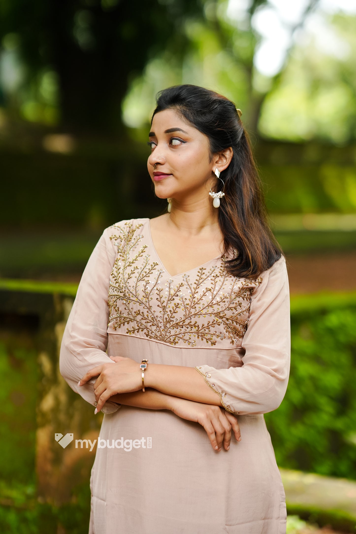 Beige viscose organza partywear kurti with handworked yoke and dupatta MBS-1333
