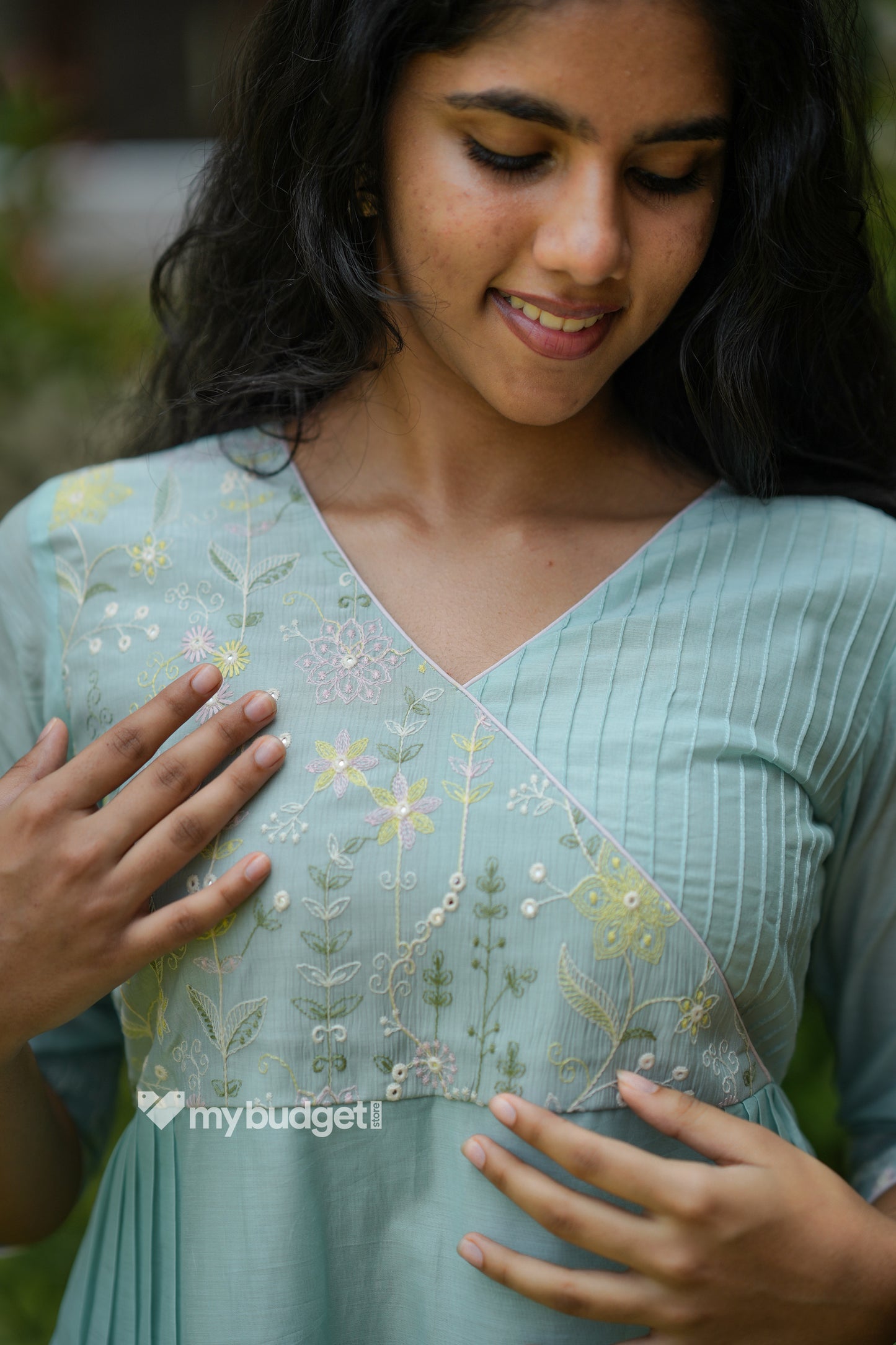 Pastel blue shaded viscose mul chanderi A-line kurti with designer yoke in overlap pattern MBS-1175