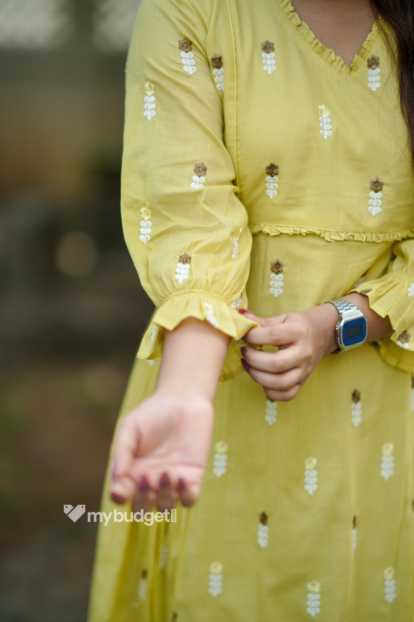 Yellow soft mul cotton Aline kurti/dress with frills and all-over floral embroidery MBS-1195