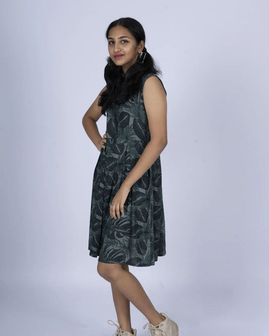 Sage green tropical printed frock in soft cotton material MBS-R30