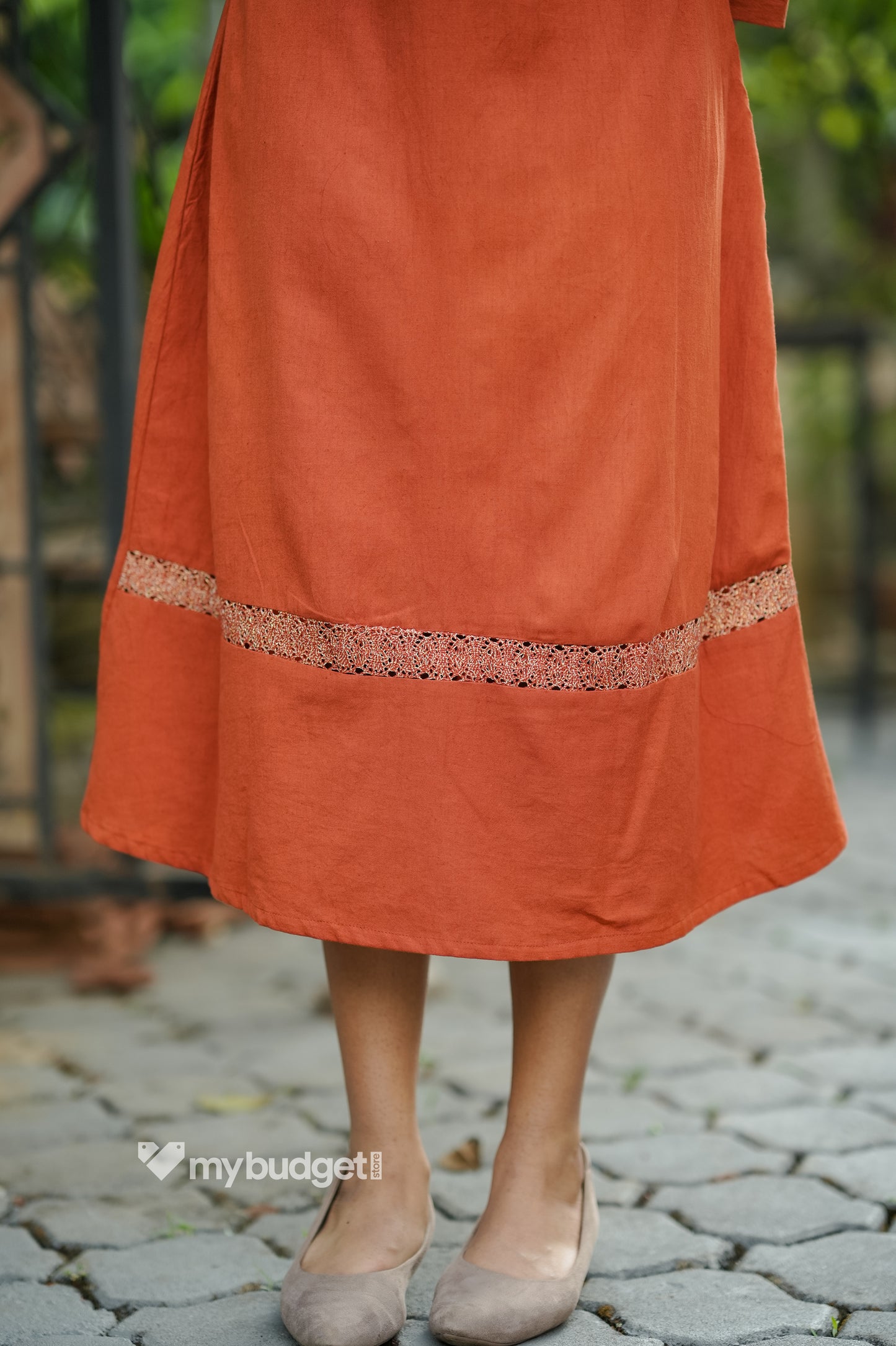 Rust orange cotton flex kurti with embroidery detailings on neck MBS-842