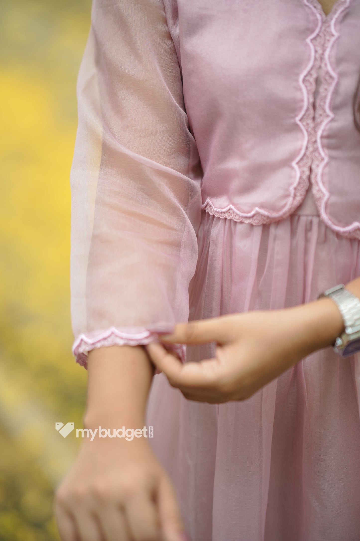 Pastel peach organza kurti with scalloped yoke and lace detailings MBS-854