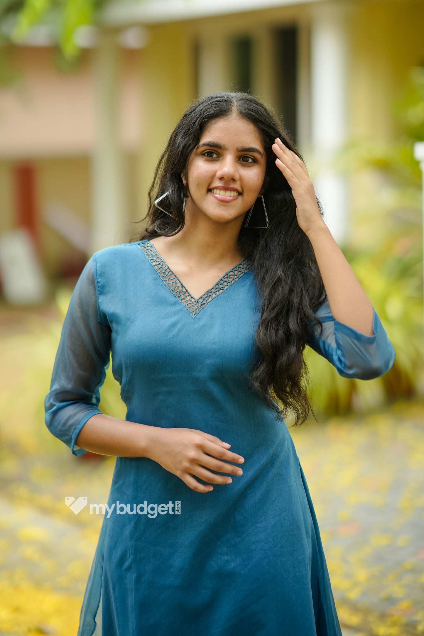 Blue shaded organza kurti with cutworked neckline and hemline MBS-859