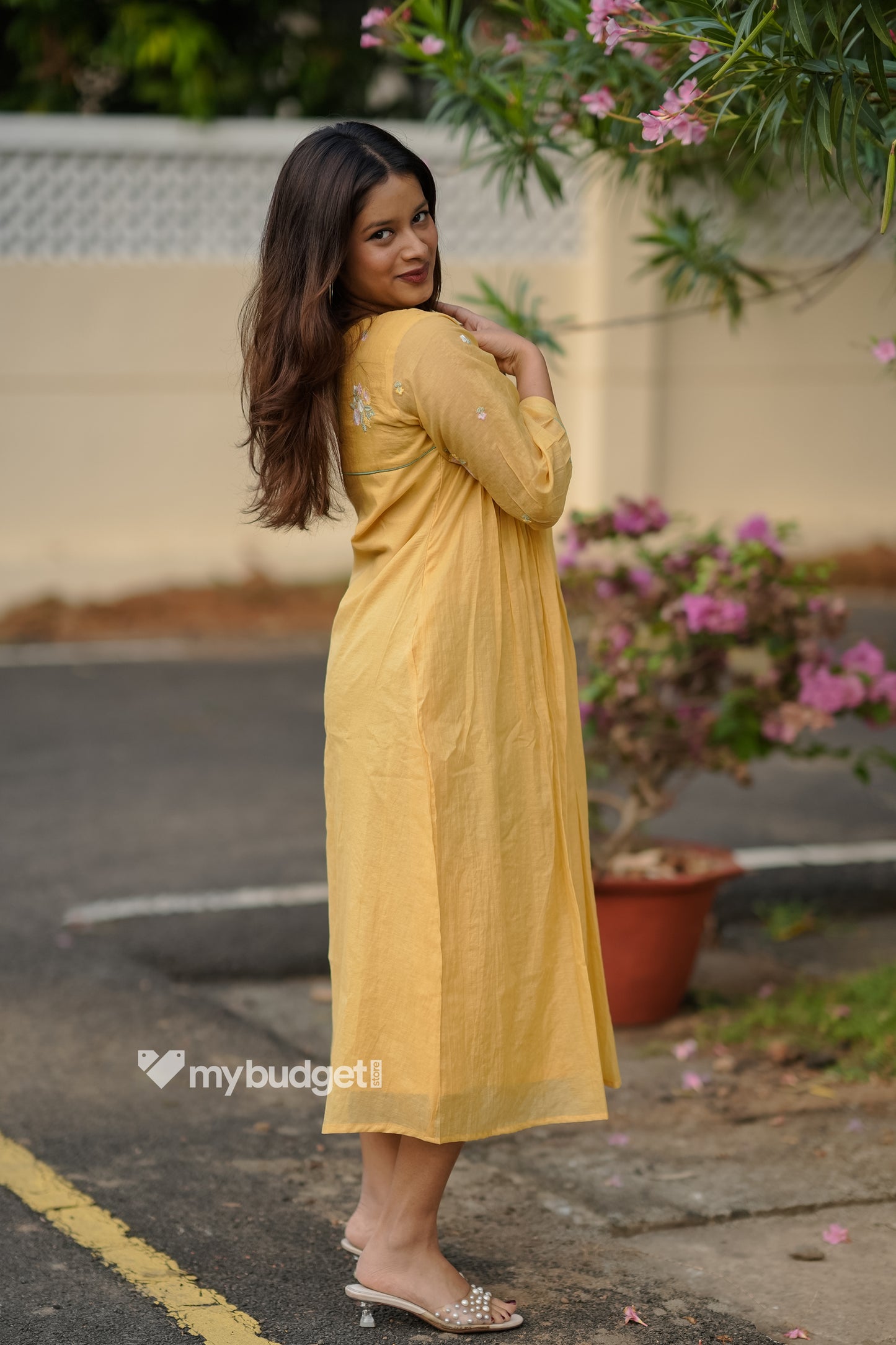 Yellow mul chanderi kurti/dress with floral thread worked yoke and sleeves MBS-838 ***Ready to dispatch***