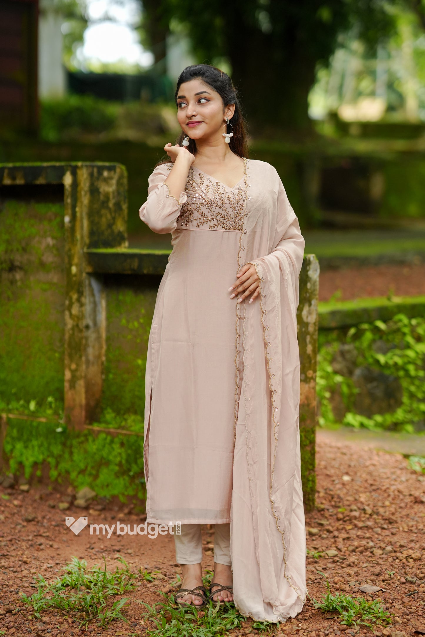 Beige viscose organza partywear kurti with handworked yoke and dupatta MBS-1333