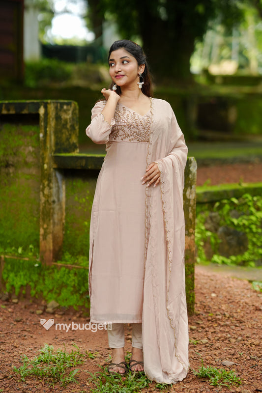 Beige viscose organza partywear kurti with handworked yoke and dupatta MBS-1333