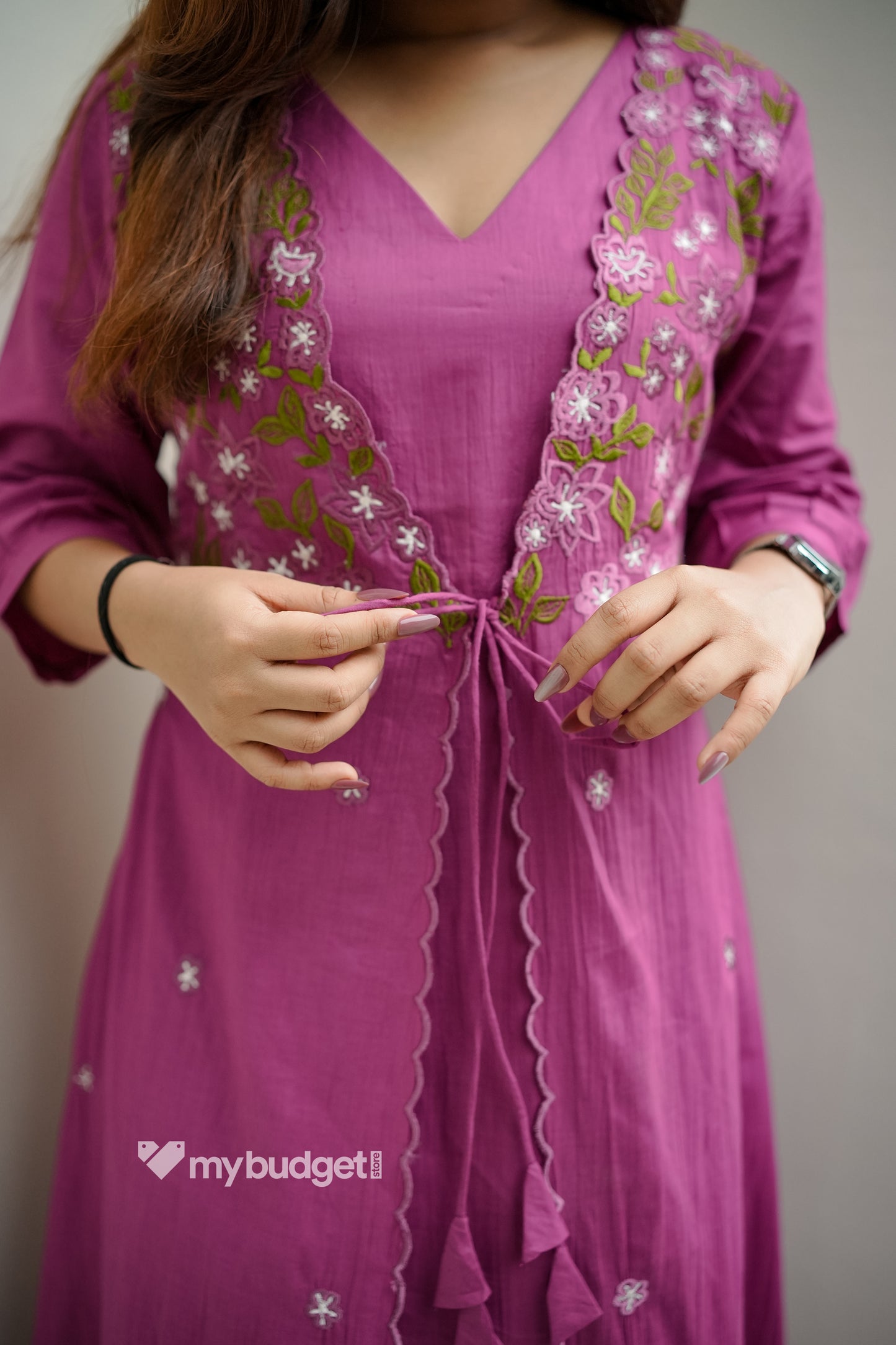 Amaranth purple shaded soft mul cotton kurti/dress with double layered pattern detailed with scallops and multi colour thread embroidery MBS-1238