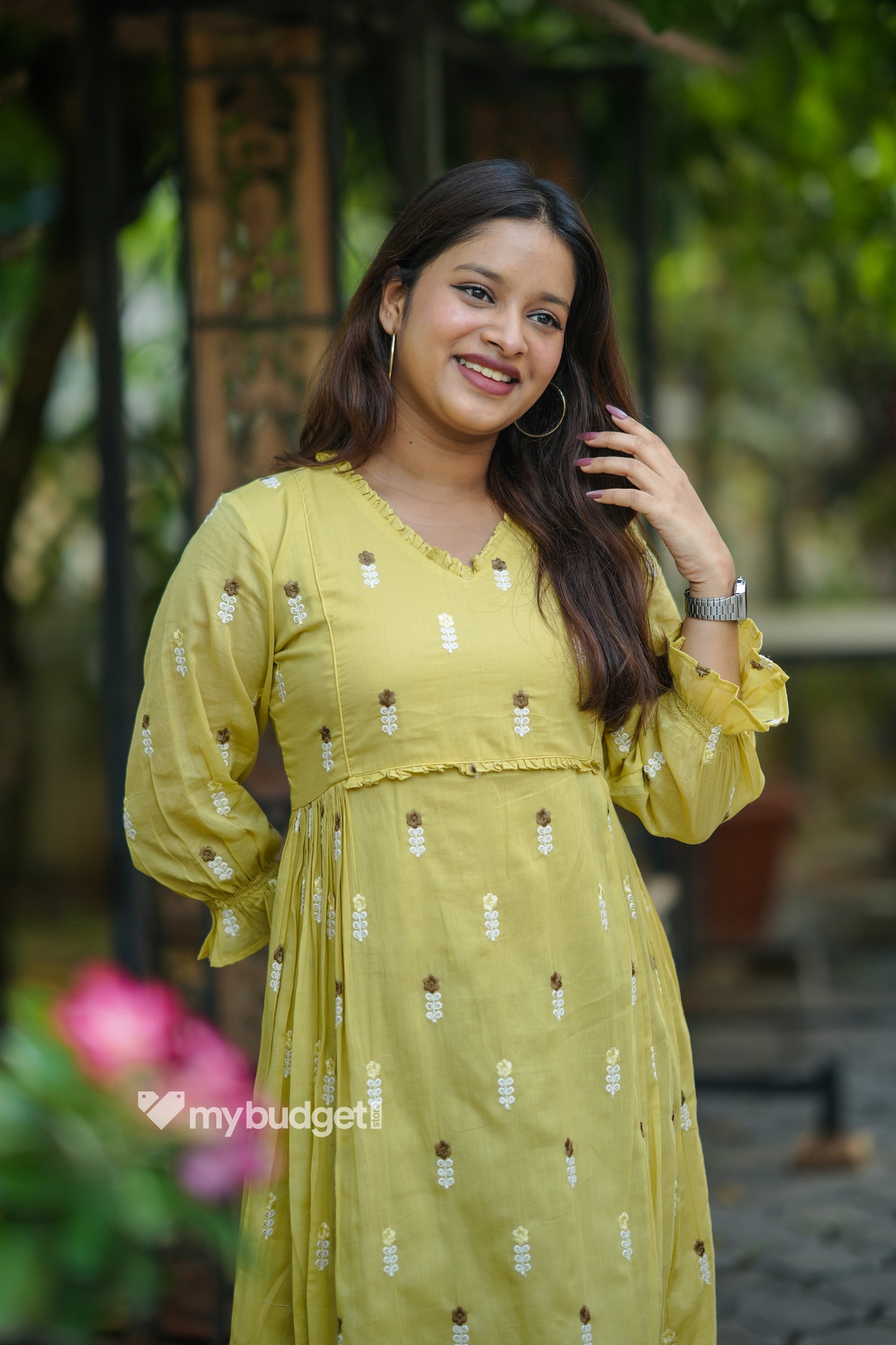 Yellow soft mul cotton Aline kurti/dress with frills and all-over floral embroidery MBS-1195