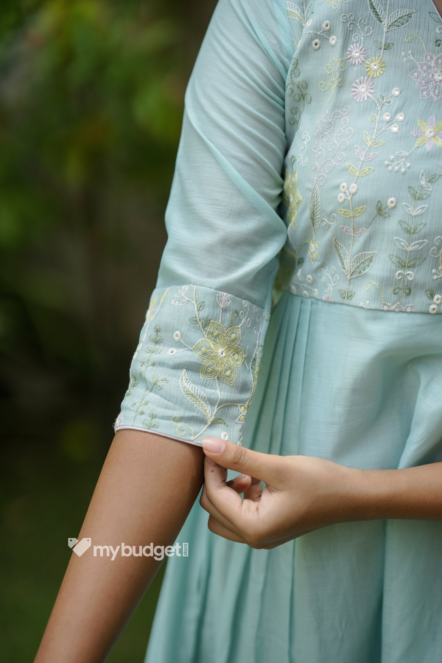 Pastel blue shaded viscose mul chanderi A-line kurti with designer yoke in overlap pattern MBS-1175