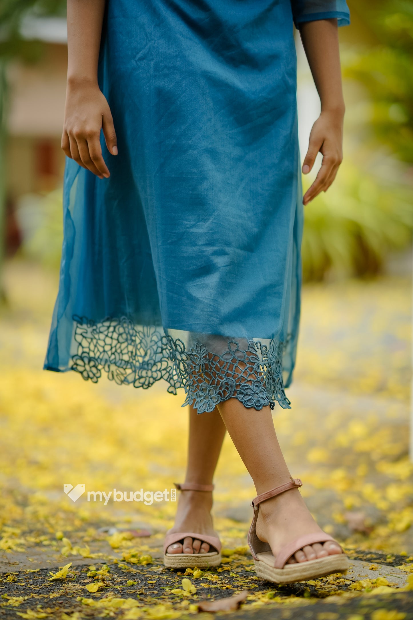Blue shaded organza kurti with cutworked neckline and hemline MBS-859