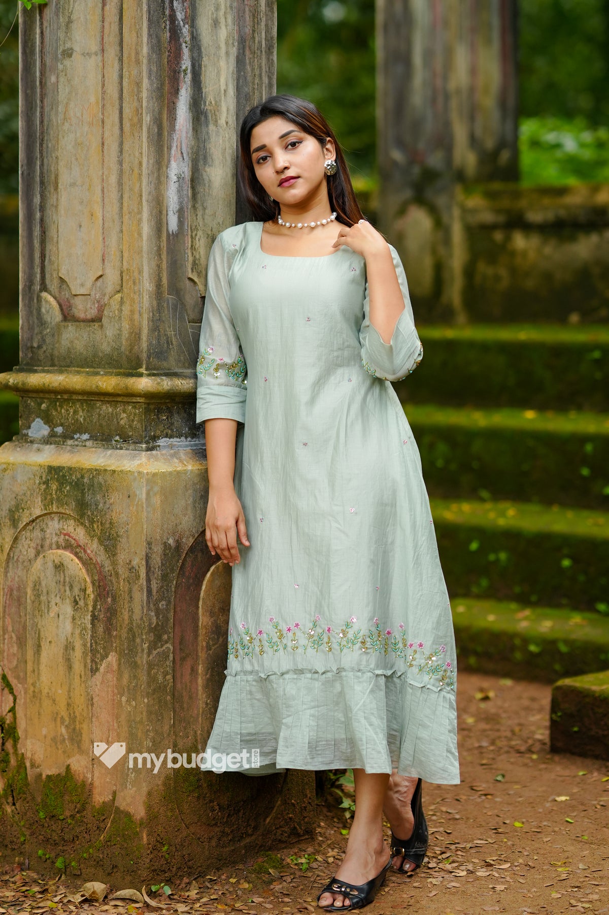 Pastel green mul chanderi kurti/dress with handworked hemline MBS-1340