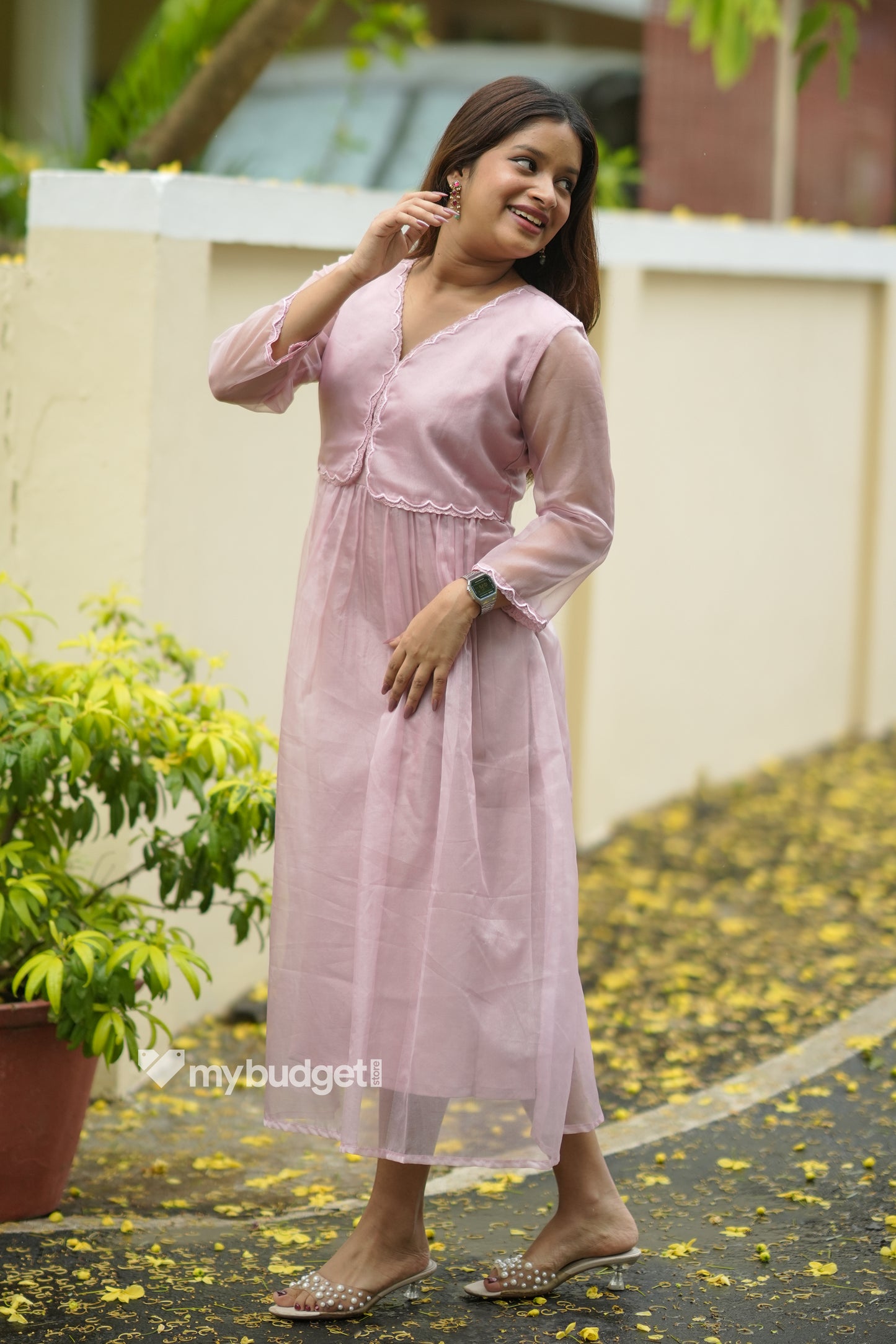 Pastel peach organza kurti with scalloped yoke and lace detailings MBS-854