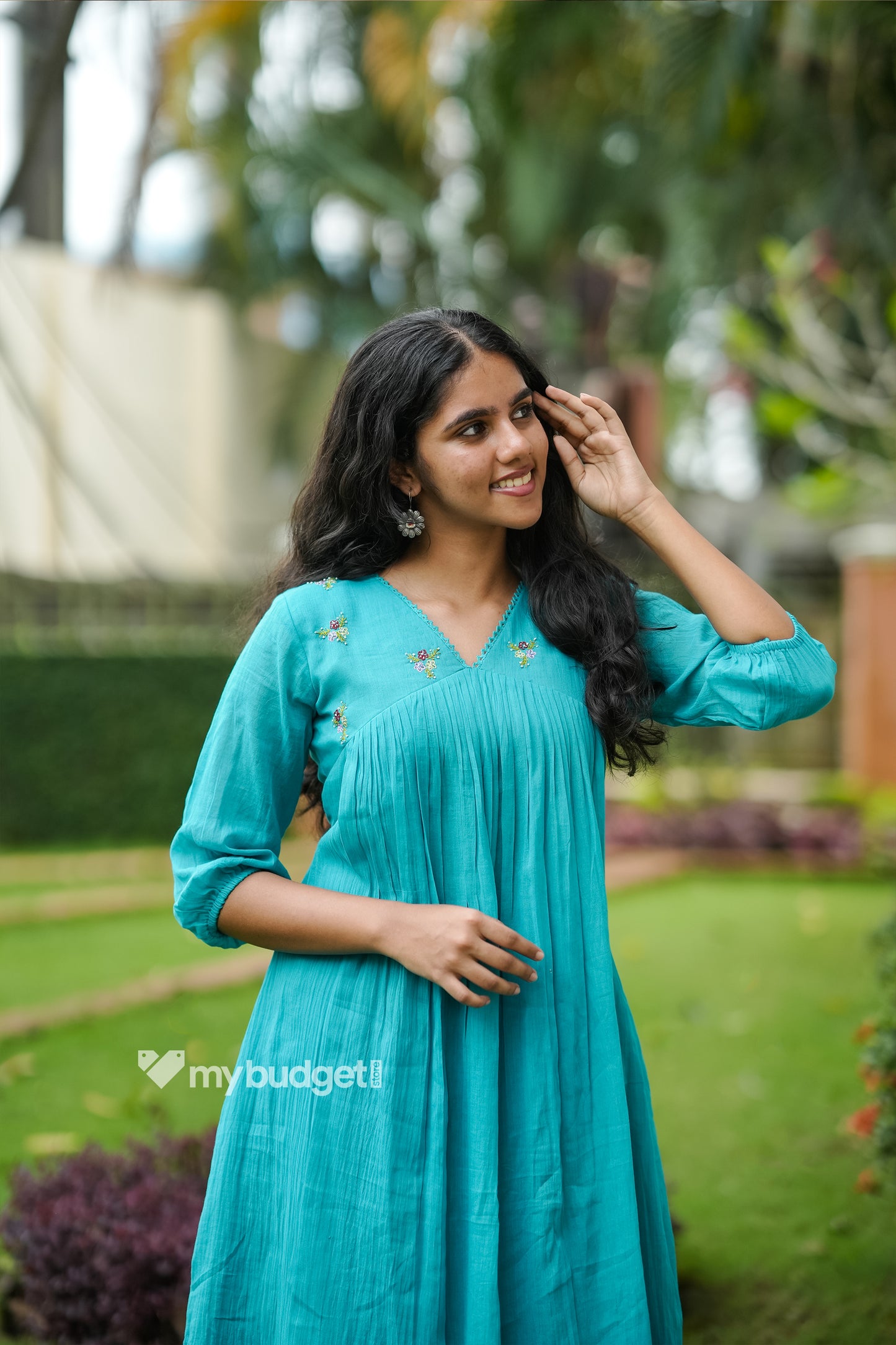 Aqua Blue soft mul cotton Alia cut Kurti with hand embroidered yoke MBS-851