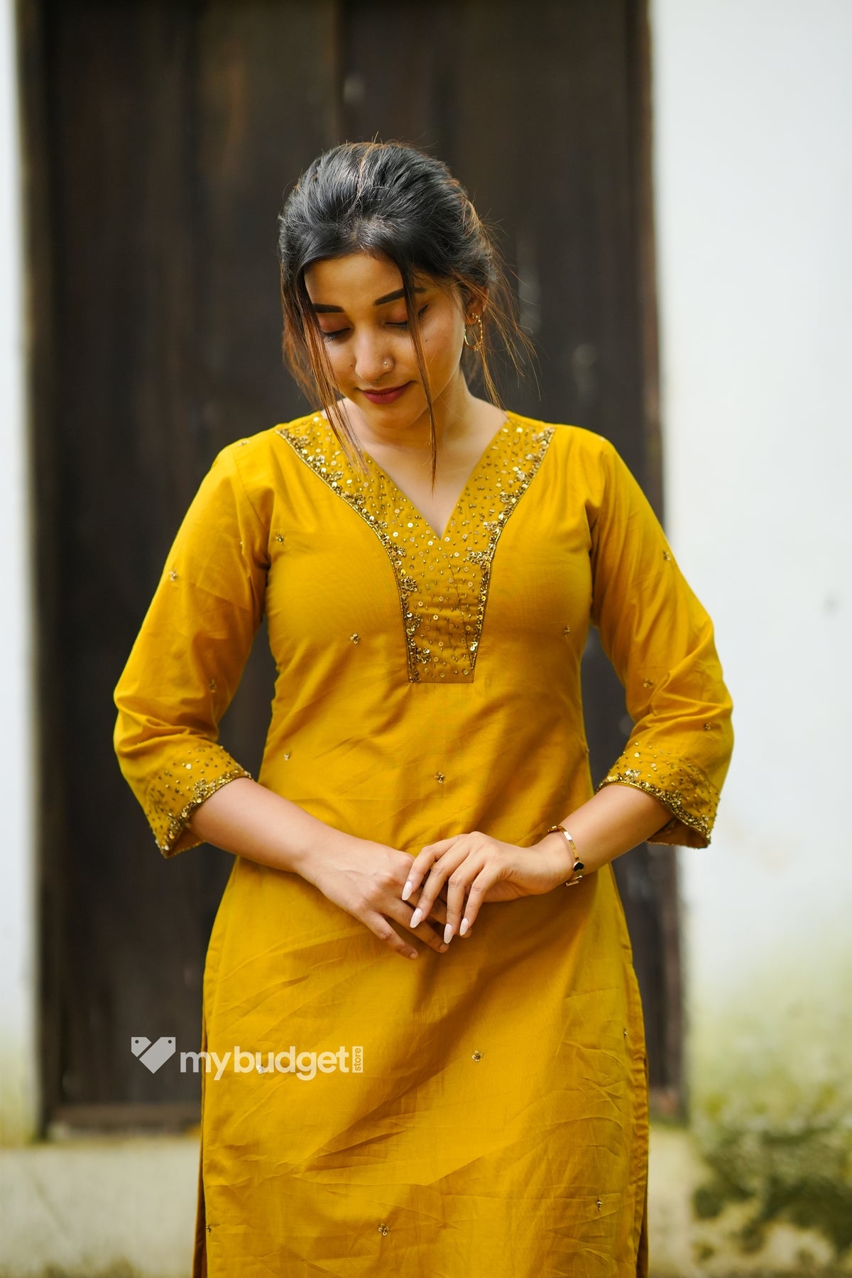 Mustard yellow shaded chanderi partywear Kurti with hand embroidery and heavy scalloped dupatta MBS-1316