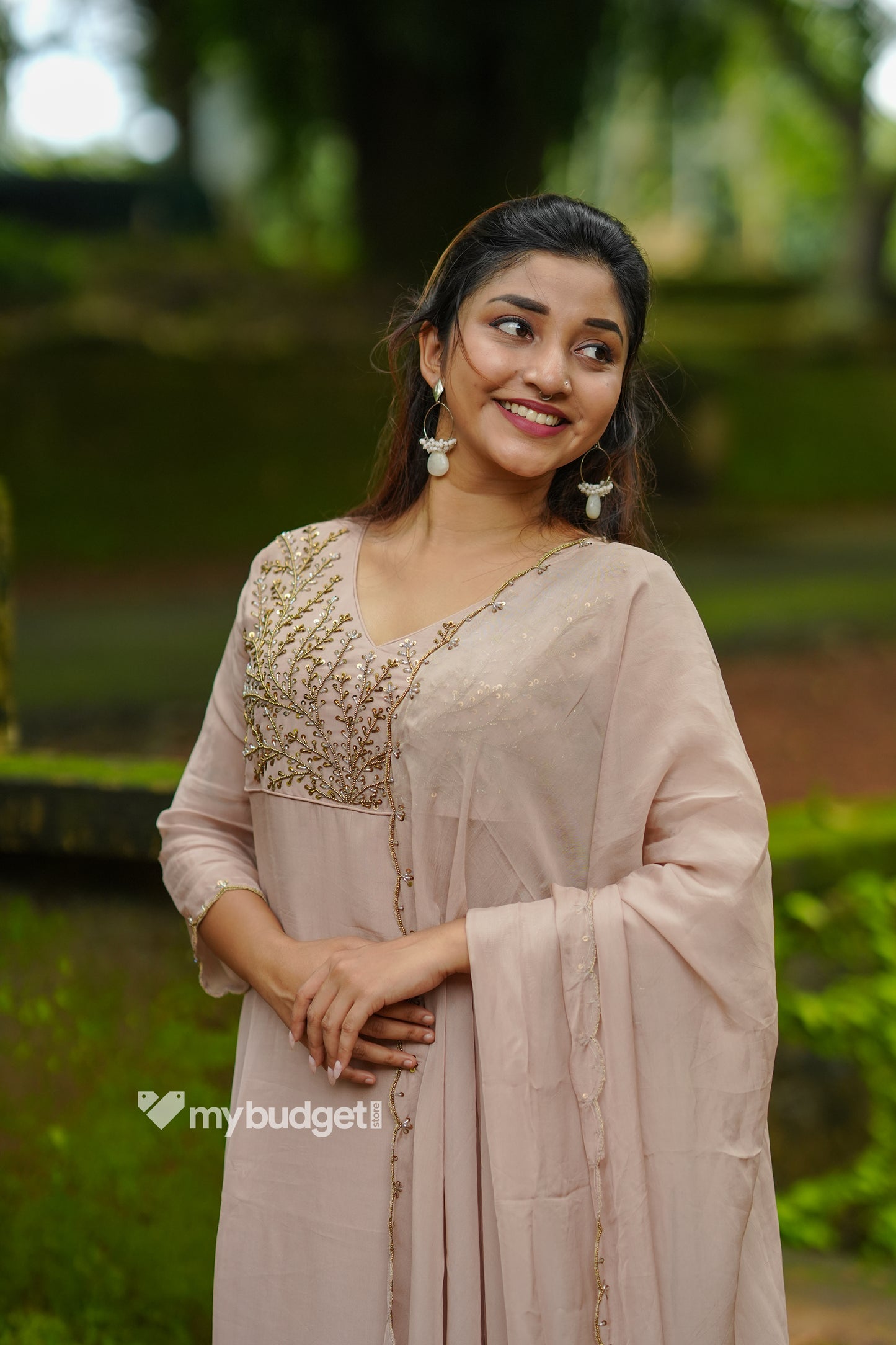 Beige viscose organza partywear kurti with handworked yoke and dupatta MBS-1333