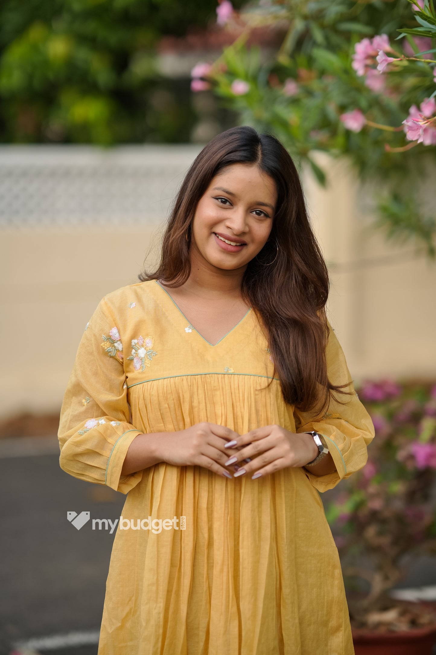 Yellow mul chanderi kurti/dress with floral thread worked yoke and sleeves MBS-838 ***Ready to dispatch***