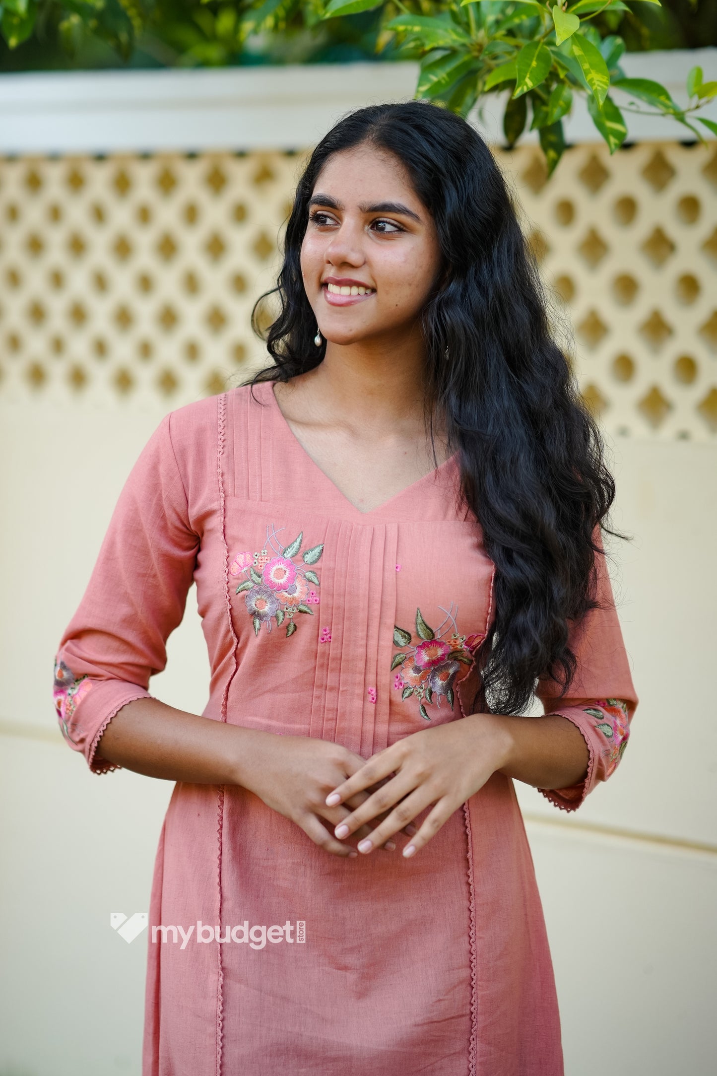Peach shaded flex cotton A-line kurti/dress with floral embroidery detailed yoke MBS-866