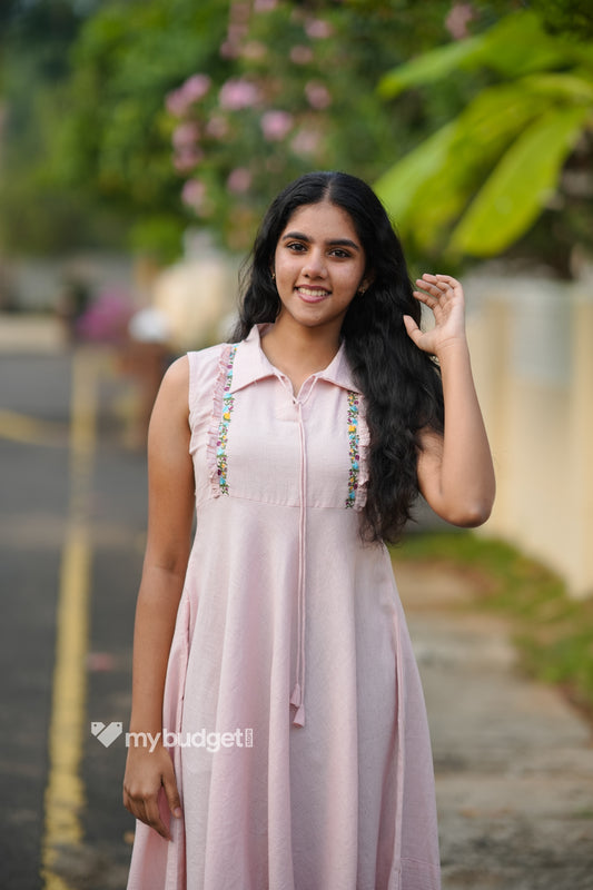 Shirt collar flex cotton dress with embroidered yoke and frills in baby pink shade MBS-954