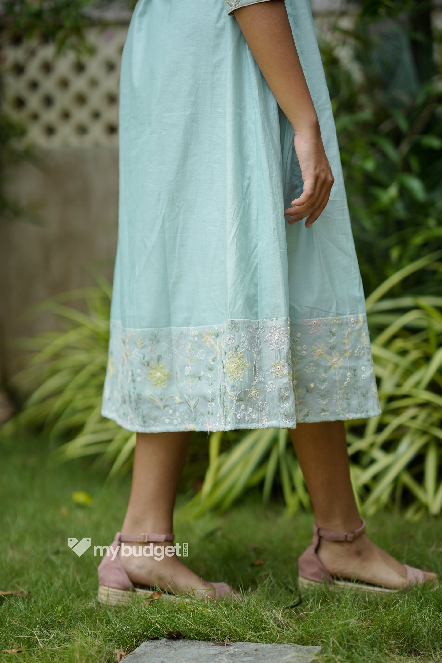 Pastel blue shaded viscose mul chanderi A-line kurti with designer yoke in overlap pattern MBS-1175