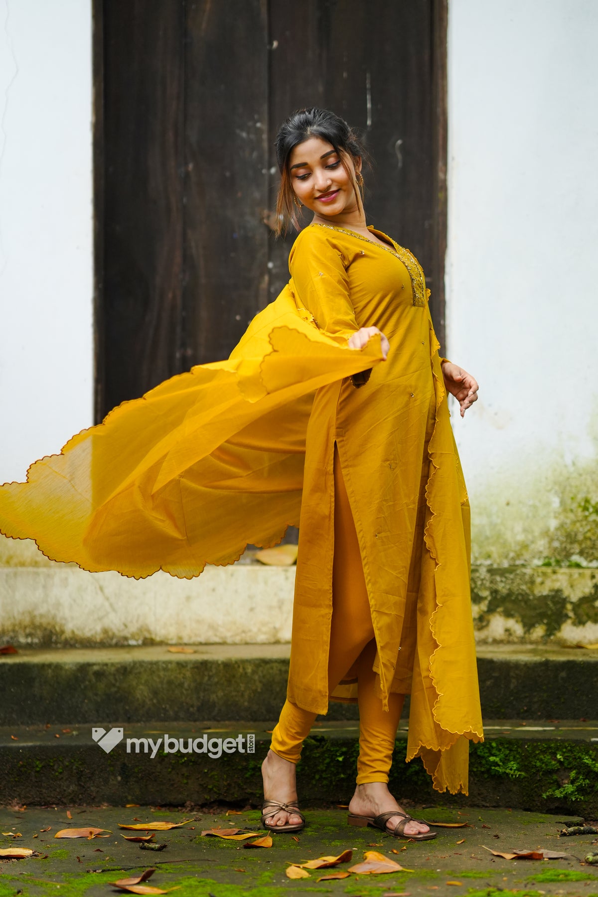 Mustard yellow shaded chanderi partywear Kurti with hand embroidery and heavy scalloped dupatta MBS-1316