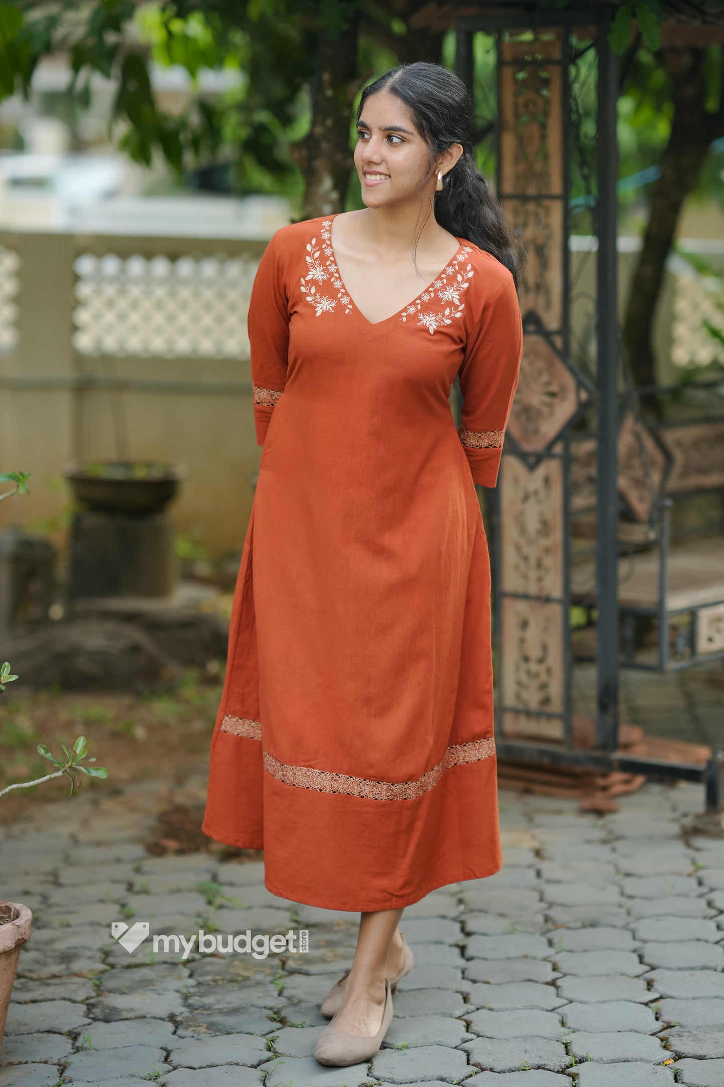 Rust orange cotton flex kurti with embroidery detailings on neck MBS-842