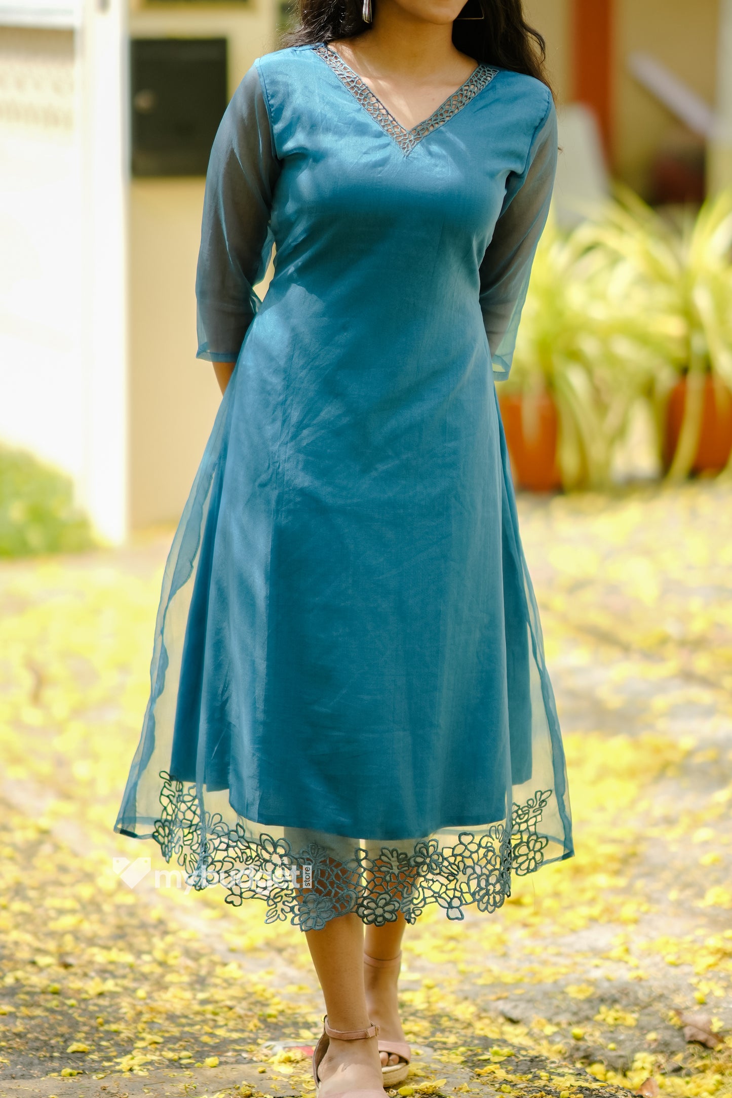 Blue shaded organza kurti with cutworked neckline and hemline MBS-859