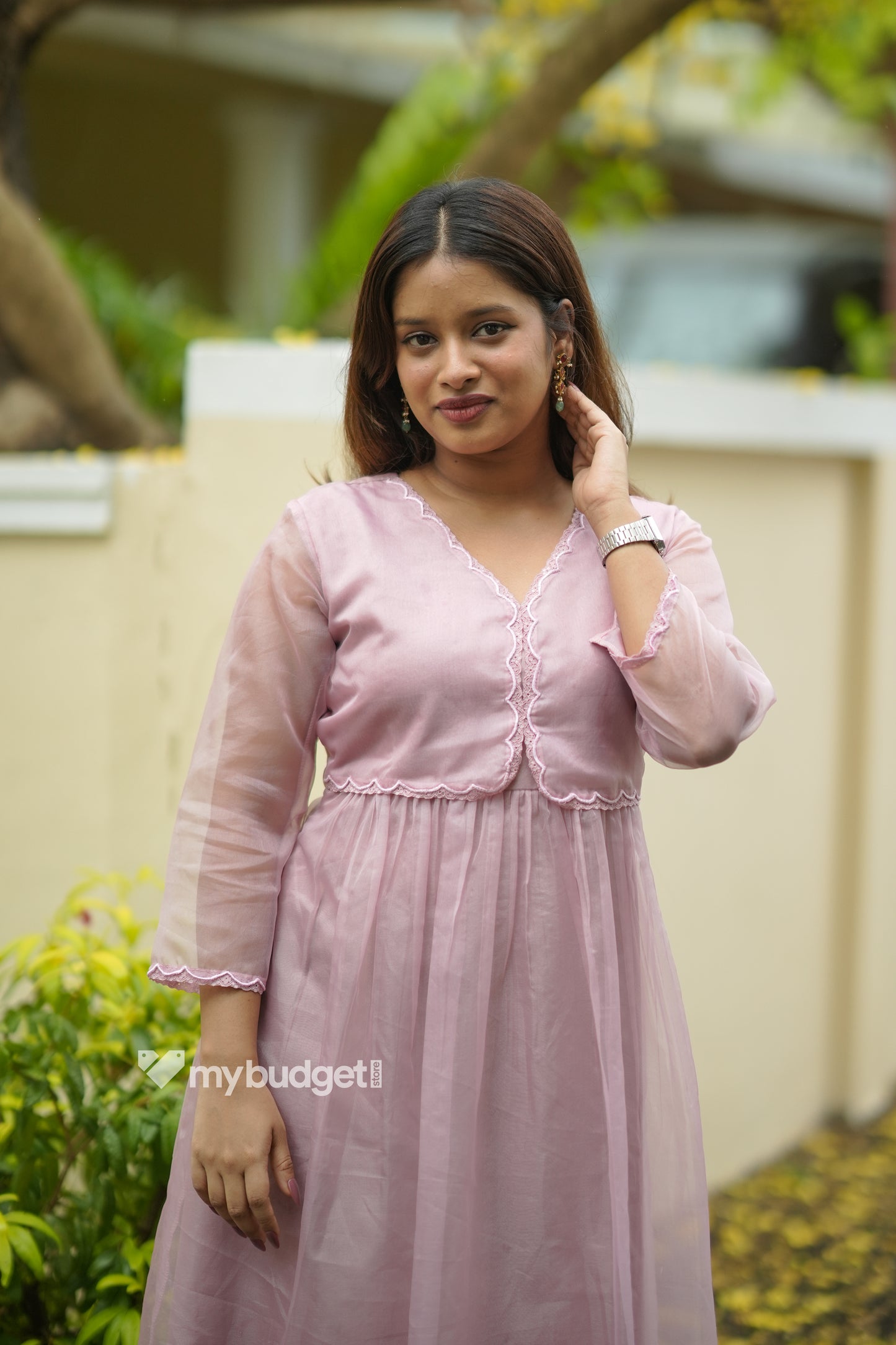 Pastel peach organza kurti with scalloped yoke and lace detailings MBS-854