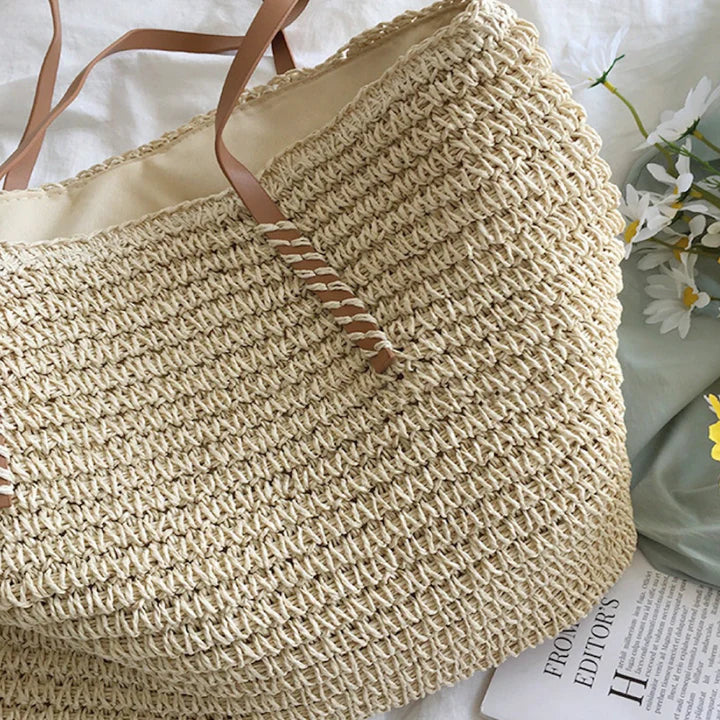Cream Large Straw Woven Tote Bag with Leather Straps FA09