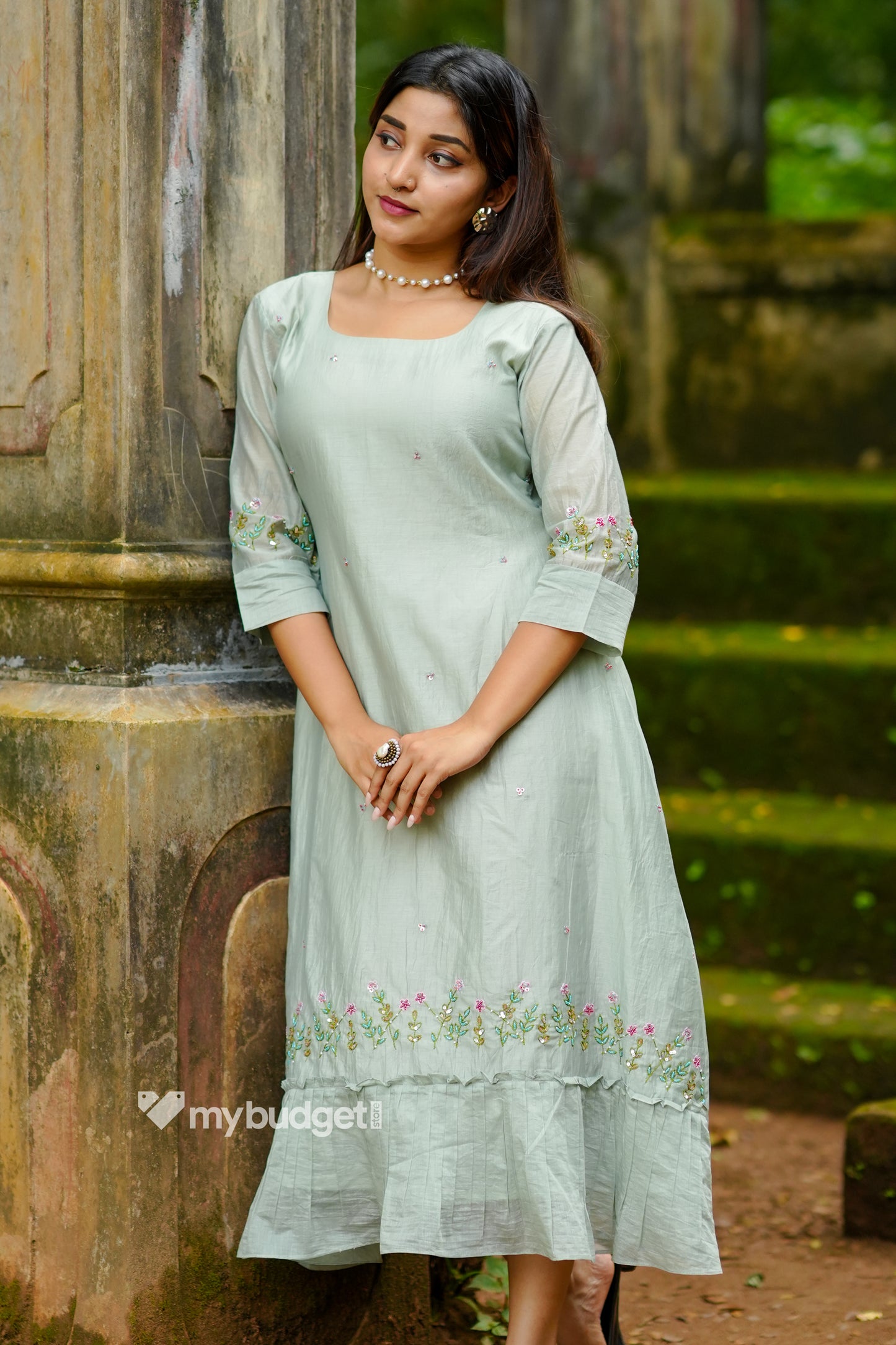 Pastel green mul chanderi kurti/dress with handworked hemline MBS-1340