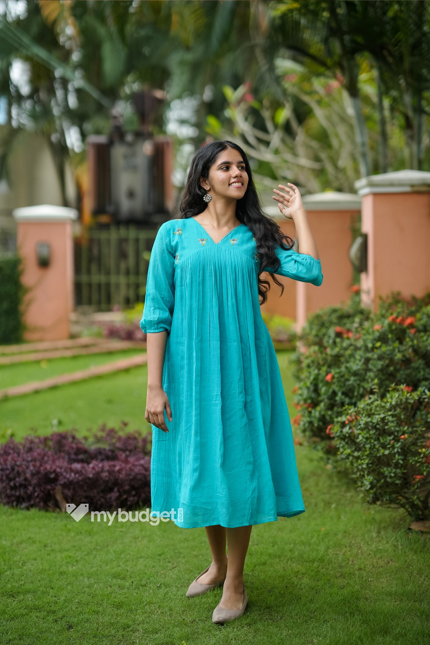 Aqua Blue soft mul cotton Alia cut Kurti with hand embroidered yoke MBS-851