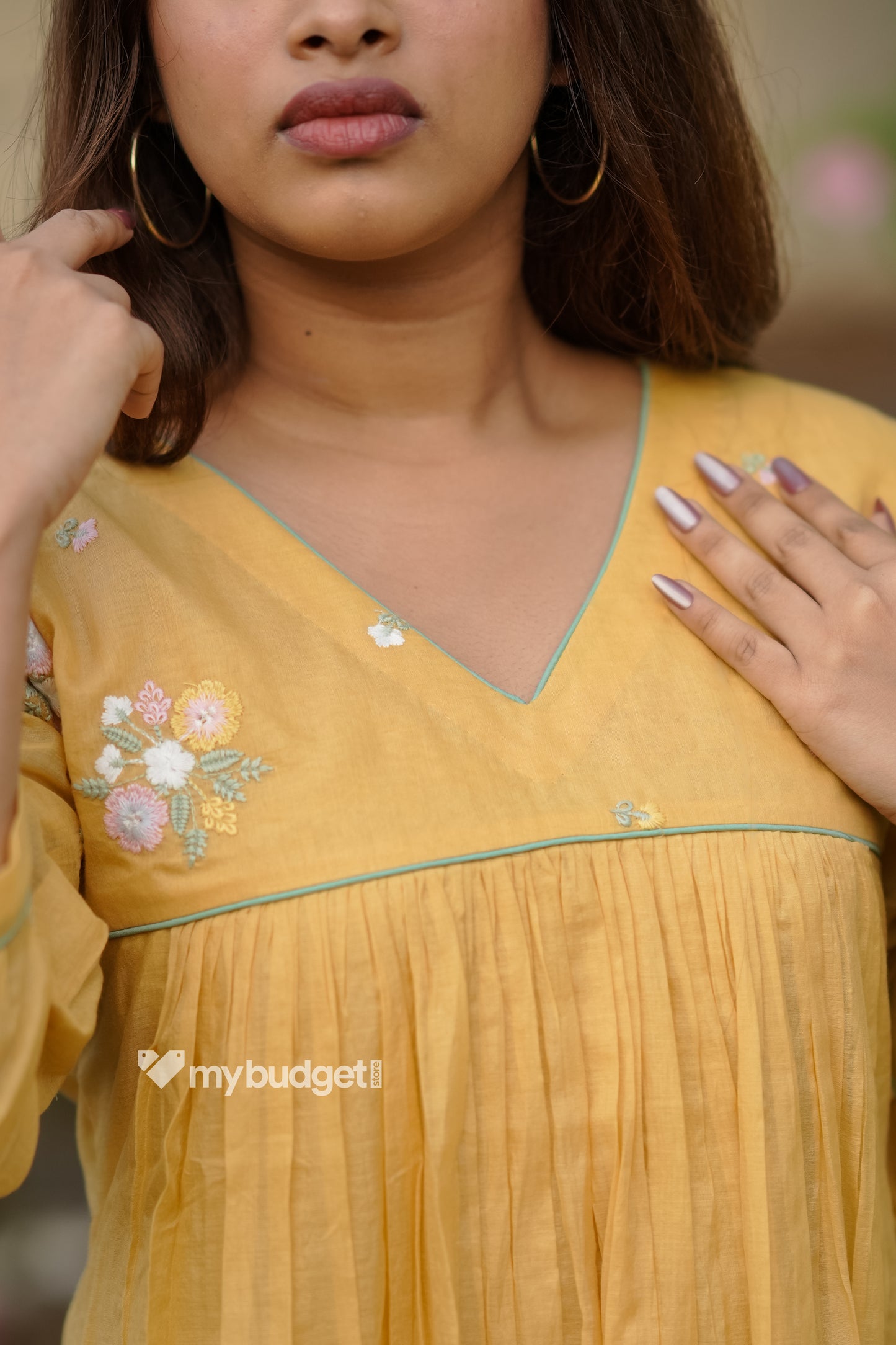 Yellow mul chanderi kurti/dress with floral thread worked yoke and sleeves MBS-838 ***Ready to dispatch***