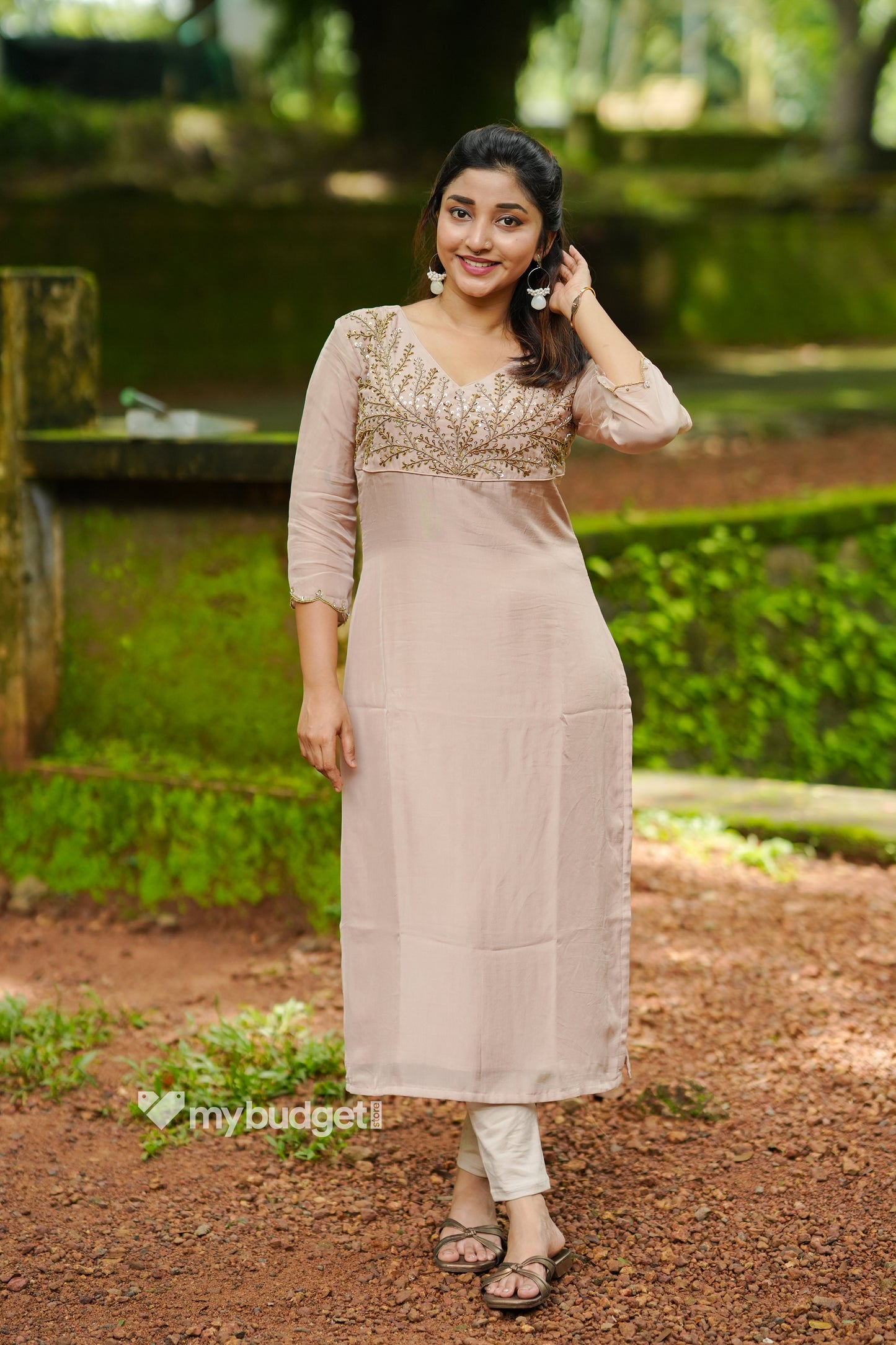 Beige viscose organza partywear kurti with handworked yoke and dupatta MBS-1333