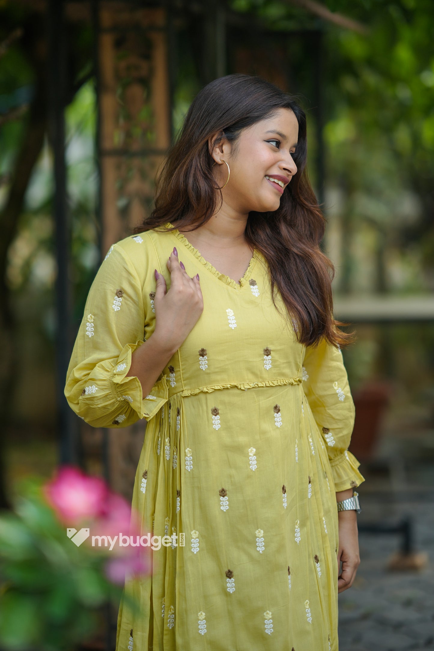 Yellow soft mul cotton Aline kurti/dress with frills and all-over floral embroidery MBS-1195