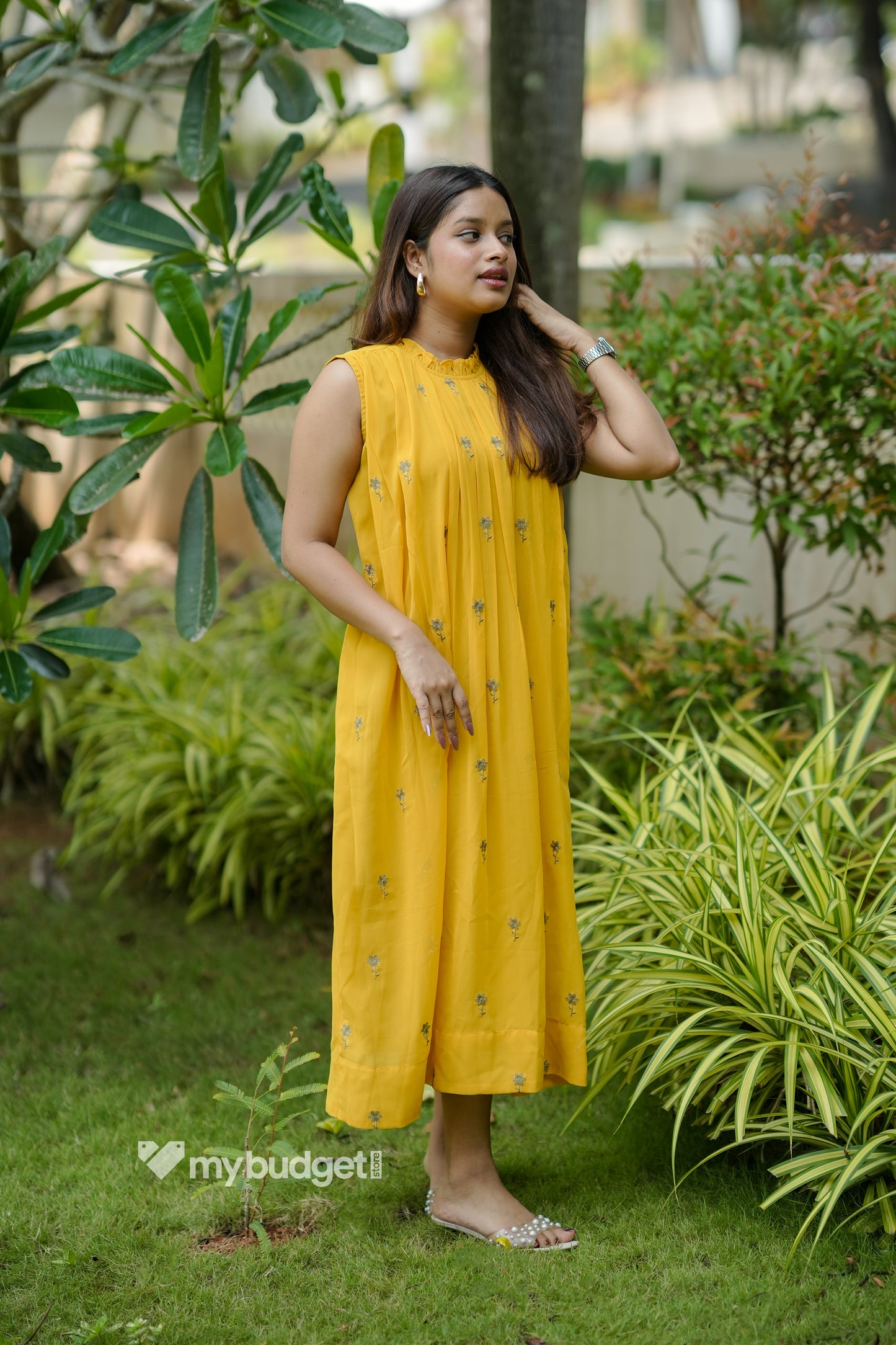 Yellow shaded georgette A-line kurti/dress with frilled neck and floral embroidery detailing MBS-1129